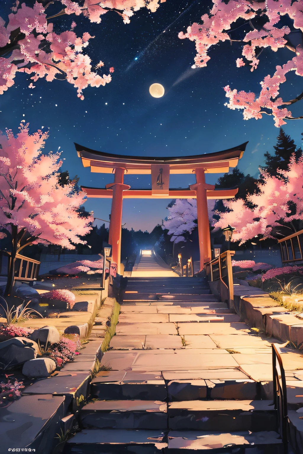 (Ultra-detailed,Photorealistic:1.37) There is a landscape of a thousand torii gates, SakuraNS, A staircase to the sky, Floating in the air. The staircase is transparent, Get a glimpse of the night sky. The scene is set at night, Magnificent night view with vivid colors. The torii gate is made with great care、intricatedesign, Create breathtaking sights. The cherry blossoms add a touch of elegance and beauty to the scene, The delicate petals fall gently into the air. The sky is full of stars, Create a magical and dreamy atmosphere. The moon shines brightly, Illuminate the landscape with softness, Ethereal light. The overall atmosphere is calm and peaceful, Invite the audience to immerse themselves in a mesmerizing scene. The painting style is reminiscent of traditional Japanese artworks, Add an artistic and poetic touch to your images. --auto