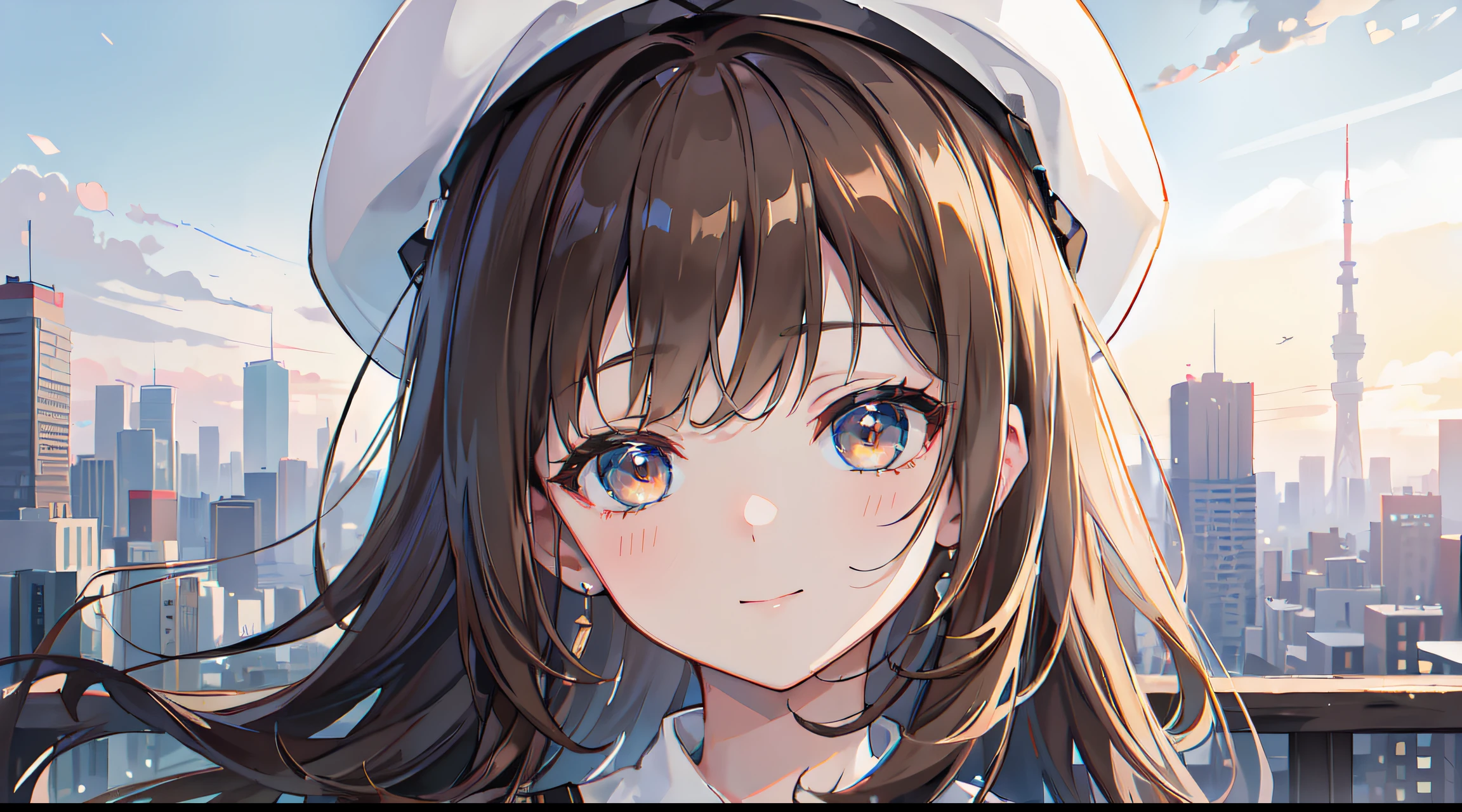 (Masterpiece), (Highest quality), (Super detailed), (high resolution),4k anime style, 4k Best quality, (soft smile), (friendly), (brown hair), Cute, Blushed, She has messy long brown hair, Woman wearing a casual suit with a white beret, skirt, (legging), looking at viewer, (daytime), background landscape, (Tokyo City), smiling, paying attention at you, (close up view), (In front of viewer), safe for work, warm feeling