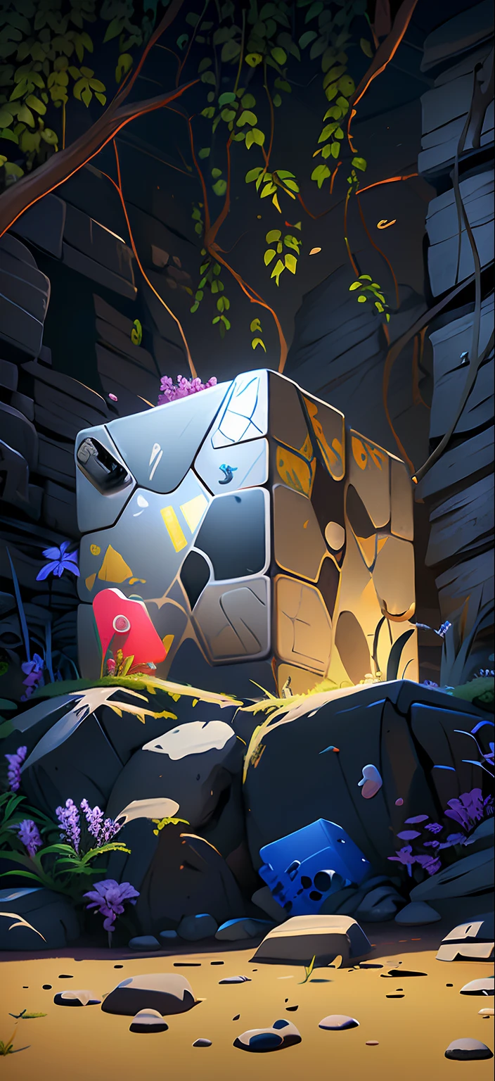 There is a cube of the Rubik's Cube，There are a lot of various pictures on it, The Rubik's Cube fell like a meteorite，Surrounded by a barren alien environment，background starry sky