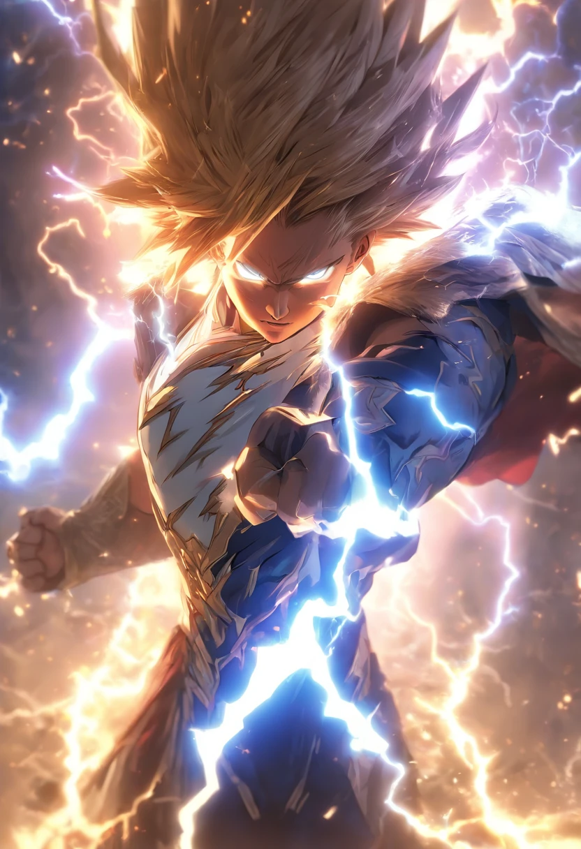 (Masterpiece), (best qualtiy), Cinematic quality,rendering by octane,Ultra-detailed details,ultra-wide-angle,An ancient Chinese boy,Face of a young man,raiden,salama,spatter,erupting,blasts,Particle, Gaze towards the viewer, A cloak that covers the whole body, (full bodyesbian:1.5),(Armed with a lightning knife:1.5), (Behind him was a thunderbolt dragon:1.6)