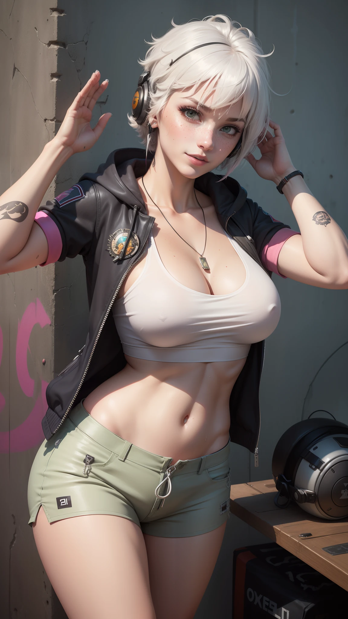 gwen tennyson,tracer,y'shtola rhul,yorha 2b,overwatch,nier automata,mecha pilot,military base,tattoos,orange and pink plugsuit,white short sleeve lycra top,micro cargo shorts,uncovered belly,short hair,punk makeup,green eyes,multicolored silver hair,sexy smile,freckles,beautiful girl,large breasts,8k,ultra detailed,realistic,fantasy art,punk girl,ear piercings,military uniform,steel armor,pink short sleeve pilot hoodie,graffiti wall art,pilot necklace,pilot headphones,wet clothes, salute,