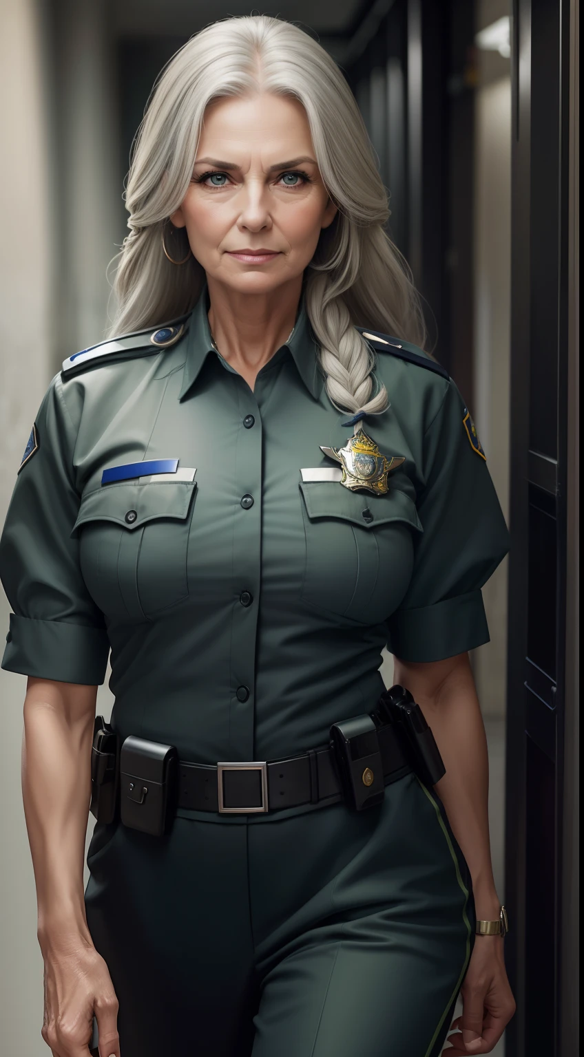 portrait of a 70-year-old woman with long gray hair, seductive gaze, green eyes, some wrinkles on her face,  8k, detailed background, utlra realistic, realism, exta realistic, wrinkles on body, police department background , police office background, police department corridor background, police officer suit, random sexy pose,  police officer clothes with high neckline, showing full body, full body, extra small titts, small breasts, looking at viewer from below, light smile, teeth indoors,soft lighting, extreme detail, hdr, long ponytail hair, very fit female athletic sexy muscle body