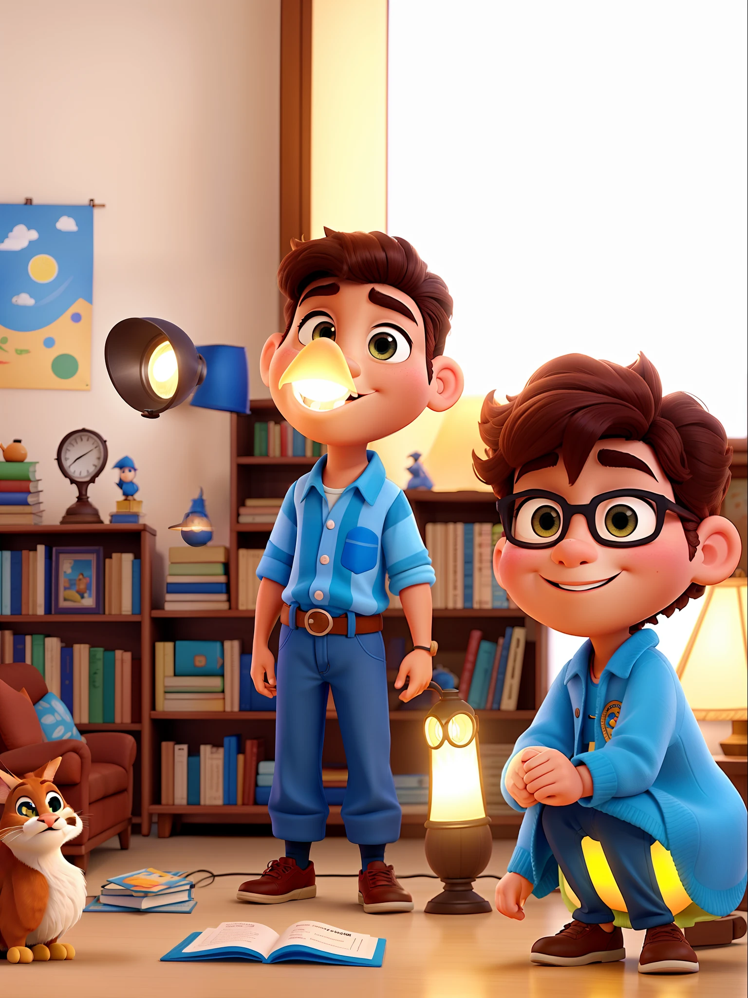 Um velho estilo disney pixar, alta qualidade, Best quality illuminated by the light of a lamp, contra o pano de fundo de uma biblioteca