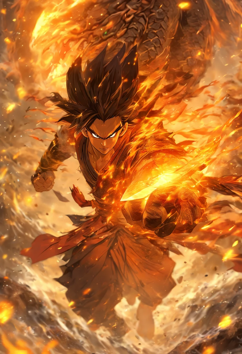 (Masterpiece), (best qualtiy), Cinematic quality,rendering by octane,Ultra-detailed details,1 st place: Ancient Chinese boy,Face of a young man,Detailed portrayal of the face,Perfect facial features,(wave:1.5),Suspended rocks,Rock skin,Splashes of rocks and soil,spatter,erupting,blasts,Particle, Gaze towards the viewer, A cloak that covers the whole body, (Holding a rock knife:1.3), (Behind him,It's a rock dragon:1.5)