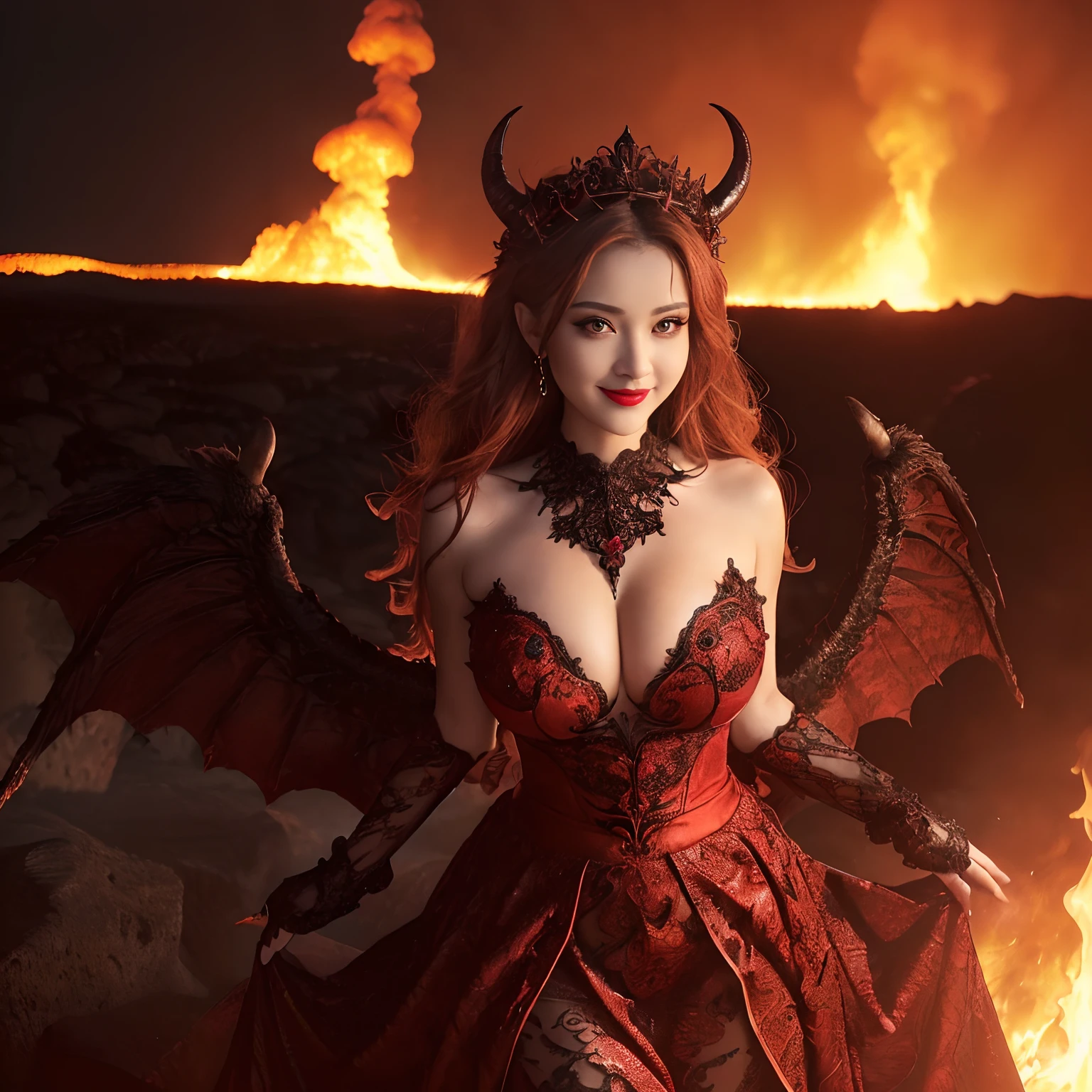 ((A very beautiful demon queen,Luxurious Long Dress Skirt,Huge and intricate demon wings,A detailed face,A large amount of lava flows in the background,Lava flowing in large quantities,Giant Devil Tiara,Big Princess Dresses,Final form as a complete demon,The Devil's Masterpiece,Big Devil's Horn,Realistic and big horns,Creepy horns,Wings with a very elaborate texture,Wings with a very complex texture,Creature wings with a very realistic texture,Wings of a terrifying monster,The most intricate and luxurious gothic dresses,Bright red lipstick,Mouth dripping with blood,Red Eyes,The most gorgeous princesses dress up with achievements,The most beautiful princesses in the world,Spooky and beautiful demons,The cutest face,Intricate and solemn black dress,The background is intricate and detailed volcanic lava, Evil and beautiful demon,The most majestic appearance of the Demon Queen,Huge Queen Tiara,The most complex depictions of demons,Accurate reproduction of perfect demonic details,The appearance of an unimaginably gorgeous demon,The unimaginably huge and beautiful appearance of the demon)),((Lava erupts violently,Lava splashes,Glowing lava,Sea of lava,lava river,Lava flowing out in large quantities,Stand in the crater of a volcano,Realistic and complex lava)),((Most beautiful face,Half Japan and half Spanish,The happiest smile,Beautiful wavy hair,The most luxurious and intricate dresses,The biggest smile staring at the camera)),(eyes glowing red,Glowing red eyes,Glowing red eyes)),Chest that seems to burst,A dress that tightens the waist,Slimed,Colossal tits,Emphasize body lines,Giant wings of the devil,masutepiece,8K,very intricate,ultra-detailliert