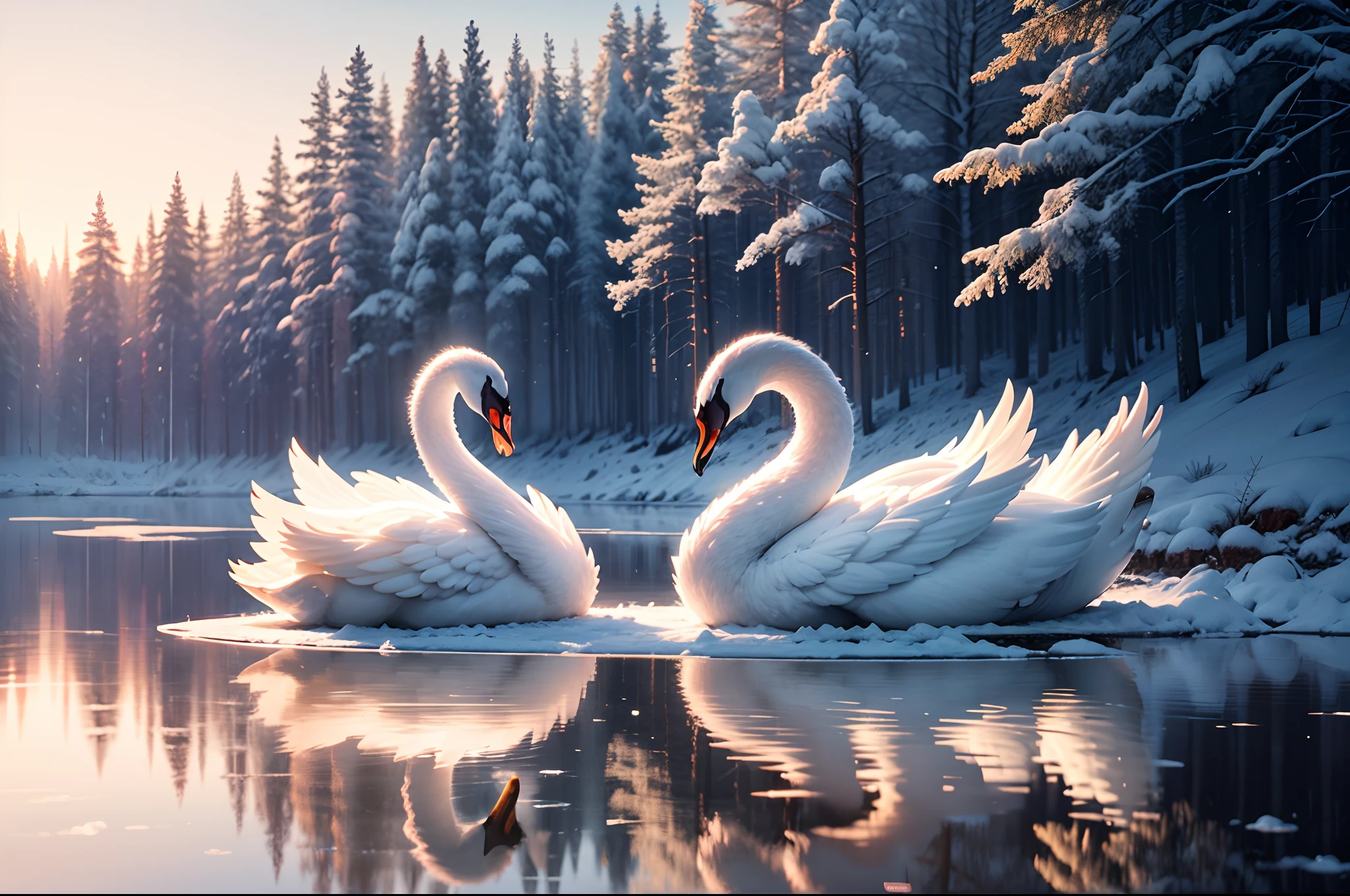 Winter wonderland, Ethereal beauty, delicate snowflakes, Frost-covered trees, Tranquil frozen lake, Hazy and dreamy atmosphere, Enchanting atmosphere, Sparkling ice crystals, Engaging reflection, (Elegant swan, The reflection forms a heart shape), magical scene, A touch of romance, Surreal and captivating, soft pastel palette, soft diffuse light, A sense of tranquility, Scenes straight out of fairy tales