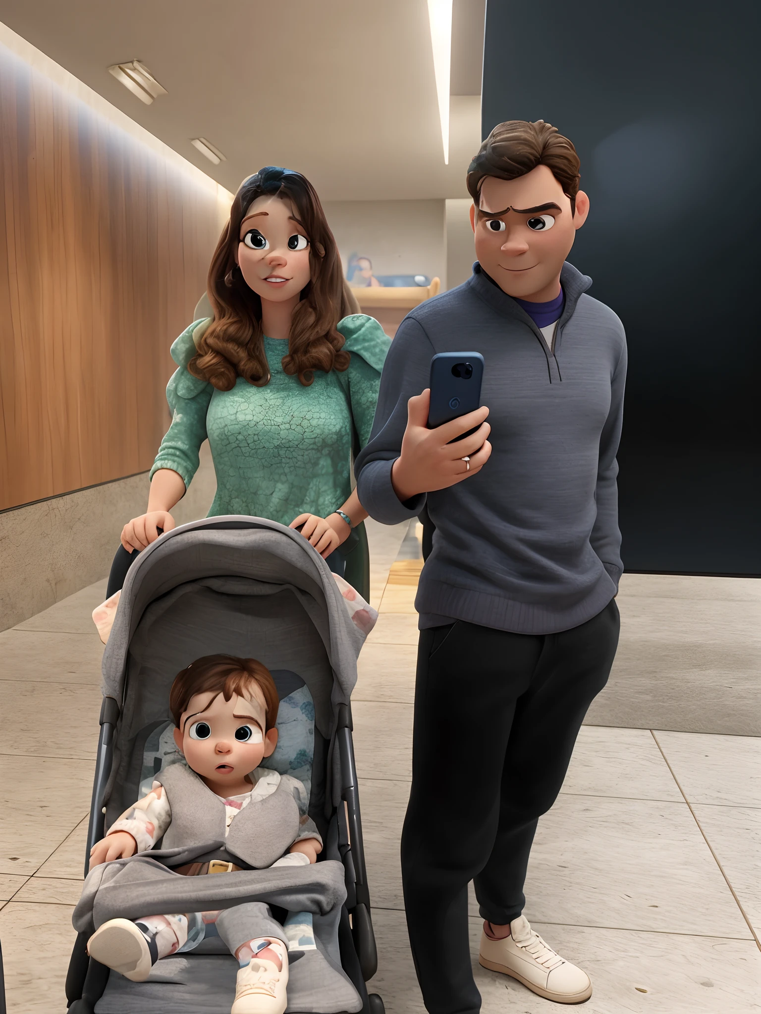 a Disney Pixar movie poster showing a family. The father is young, Tem barba , Short hair and she's got her phone in her hand. The mother has brown eyes and hair, shoulder-length and is slightly overweight. The girl is 8 months old and is in the stroller.