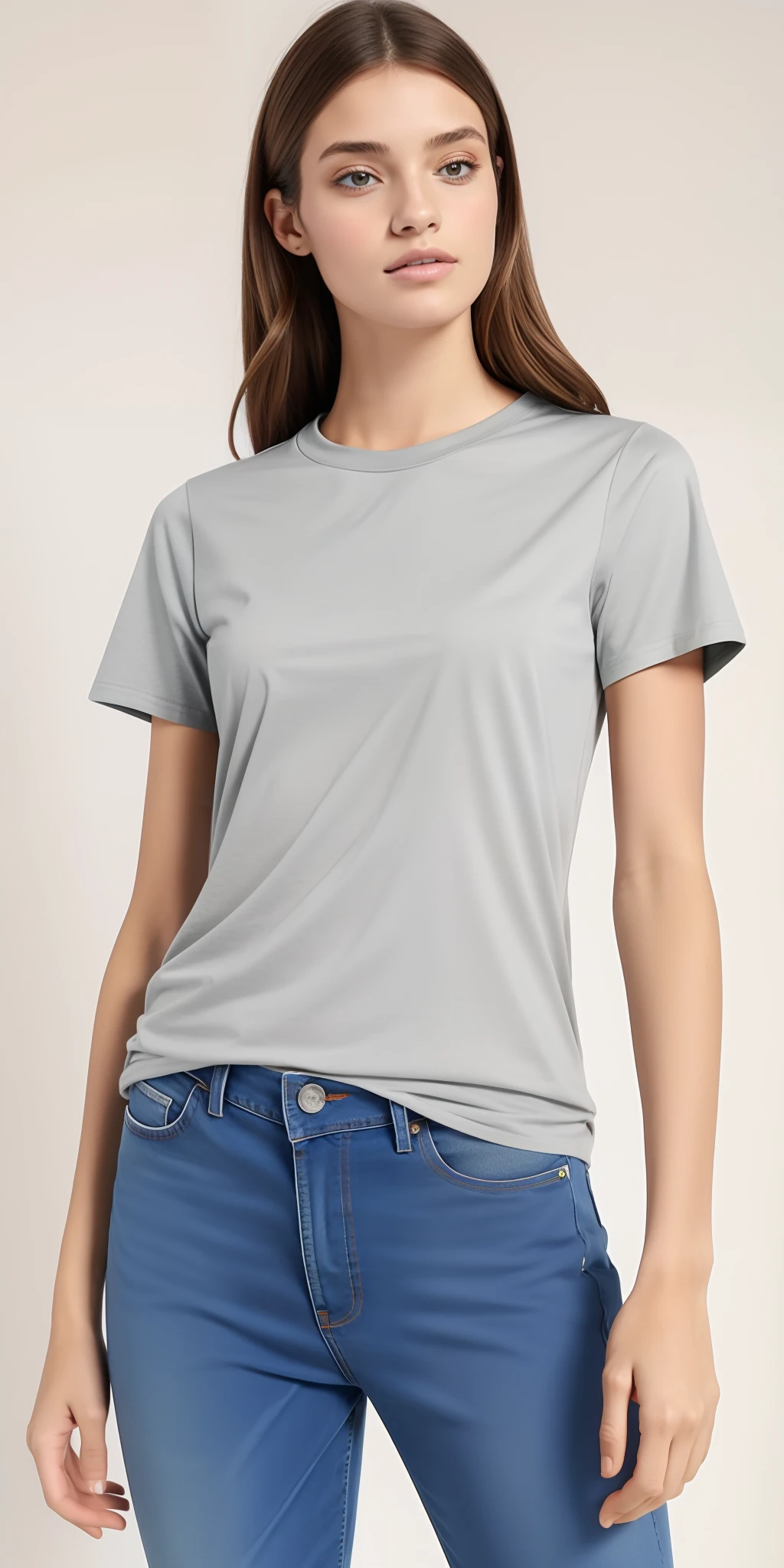 uma mulher vestindo uma camiseta cinza e jeans, camisa cinza, vestindo uma camiseta, mangas curtas, basic clothing, wearing pants and a t-shirt, usando roupas casuais, vestindo uma camisa clara, roupas casuais modernas, T - Camisa, camiseta, roupas cinzas, vestindo bermuda e camiseta, vestindo camiseta e combates, roupas casuais