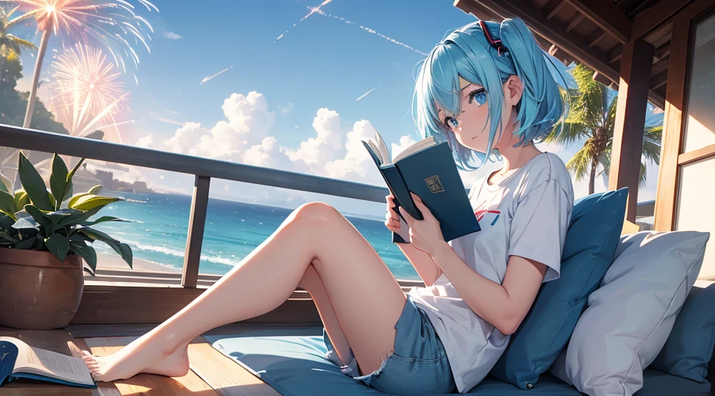 1girl, short Miku color hair, blue eyes, wearing plain white shirt, denim shorts, reading a book near balcony,eyes looking at book, sitting on sofa, seaside, absurdres, high res, ultrasharp, 8K, masterpiece, fireworks, twilight