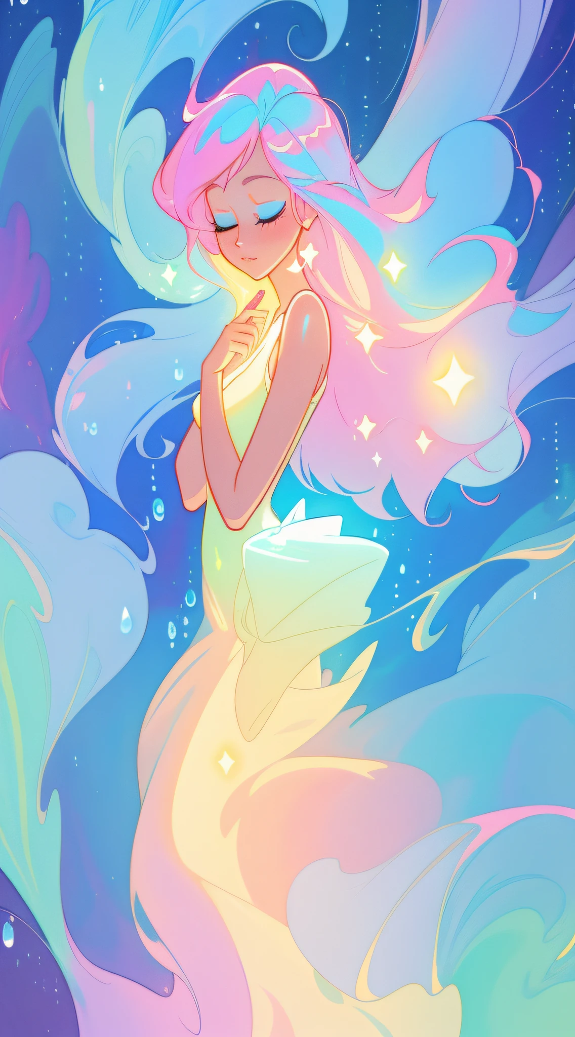 beautiful anime girl, inspired by Glen Keane, inspired by Lois van Baarle, (disney art style), by Lois van Baarle, glowing aura around her, by Glen Keane, jen bartel, glowing lights! digital painting, flowing glowing hair, glowing flowing hair, beautiful digital illustration, magical, whimsical, fantasia background, liquid ballgown, liquid hair, colorful