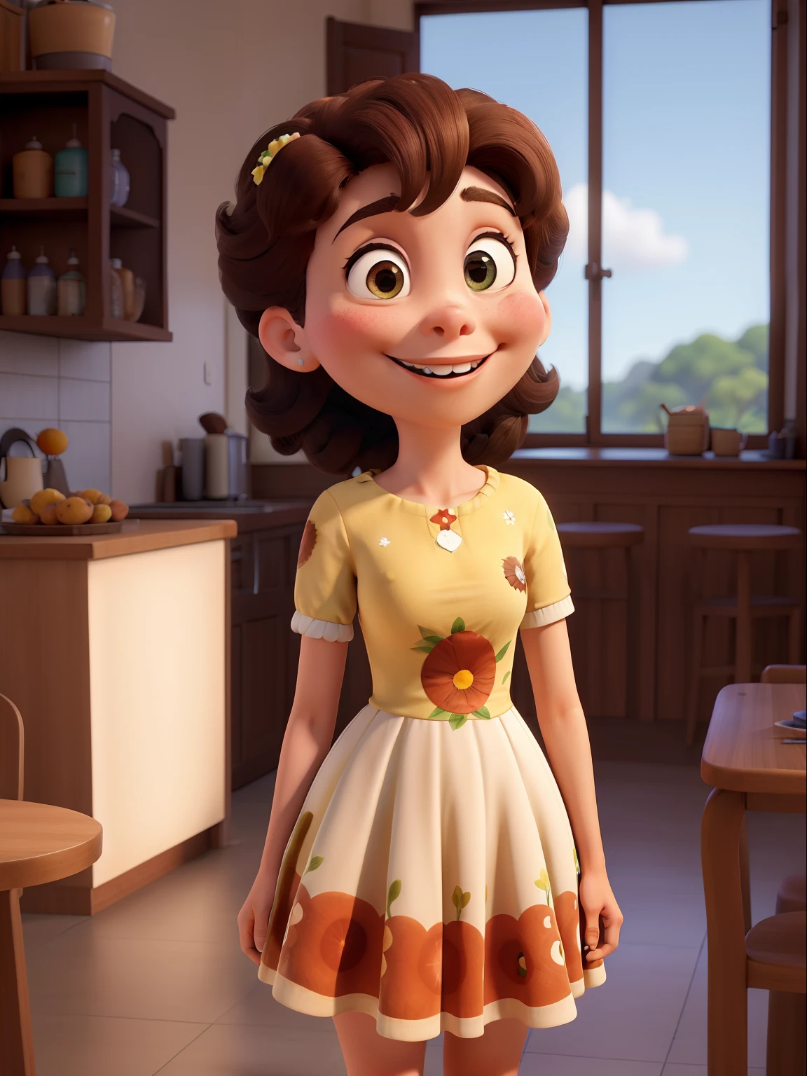 Obra-prima, de melhor qualidade, pixar, uma jovem, cabelos grande cacheados volumoso ruivo acobreado, olhos castanhos, rosto oval, pele clara, sorridente, muito feliz, em uma cafeteria cor de rosa, sorrindo abertamente, com vestido de girassois manga curta