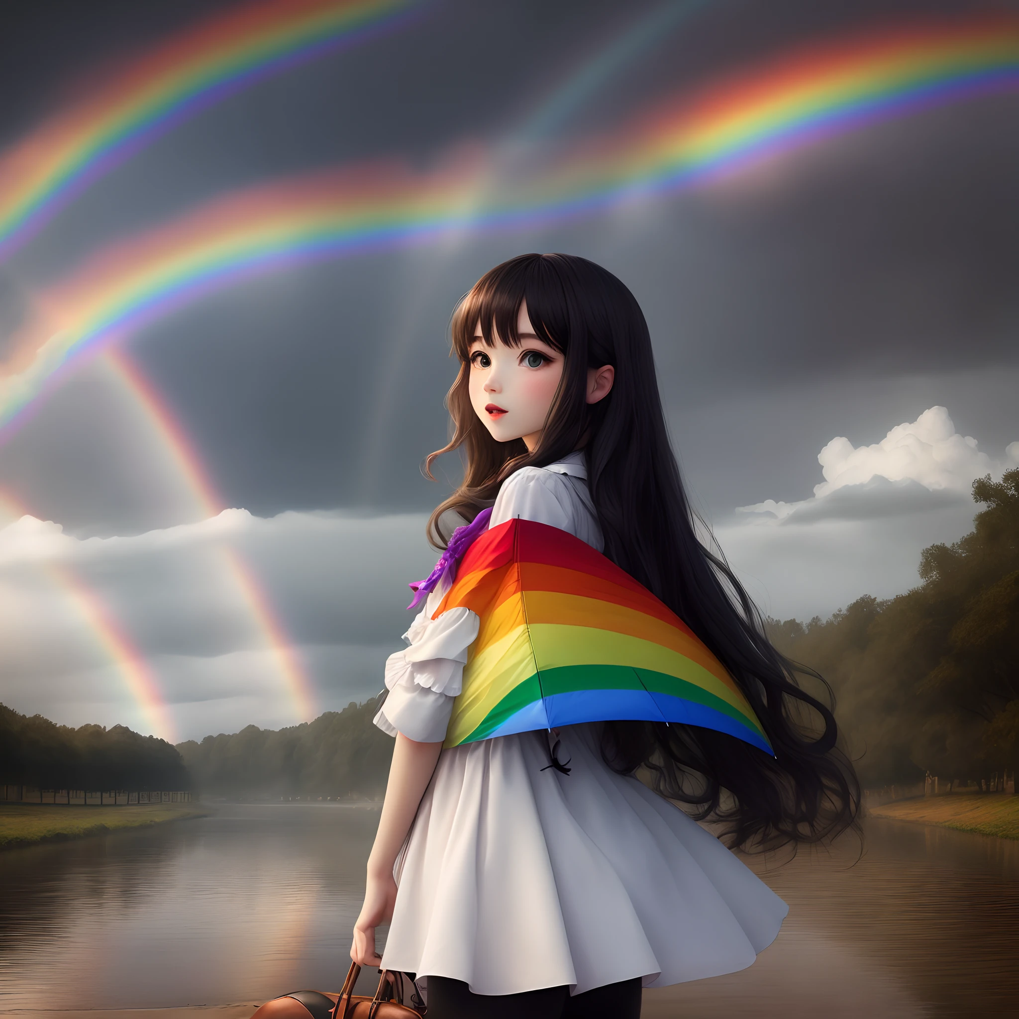 Sateen umbrellas Long-haired girl rainbows