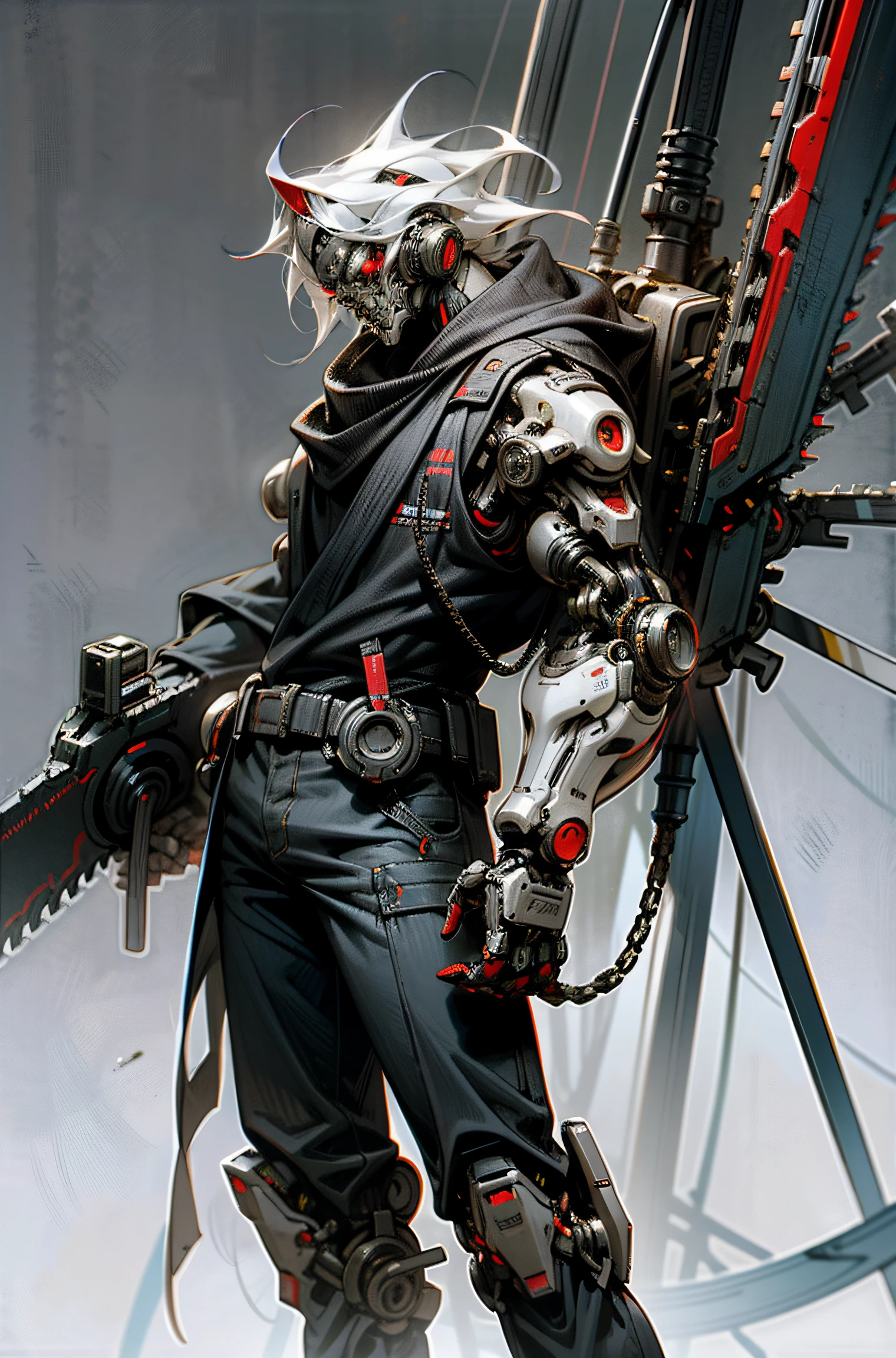 Dark_Fantasy,Cyberpunk,(chain saw,chain saw man,Red:1.1),1man,Mechanical marvel,Robotic presence,Cybernetic guardian,