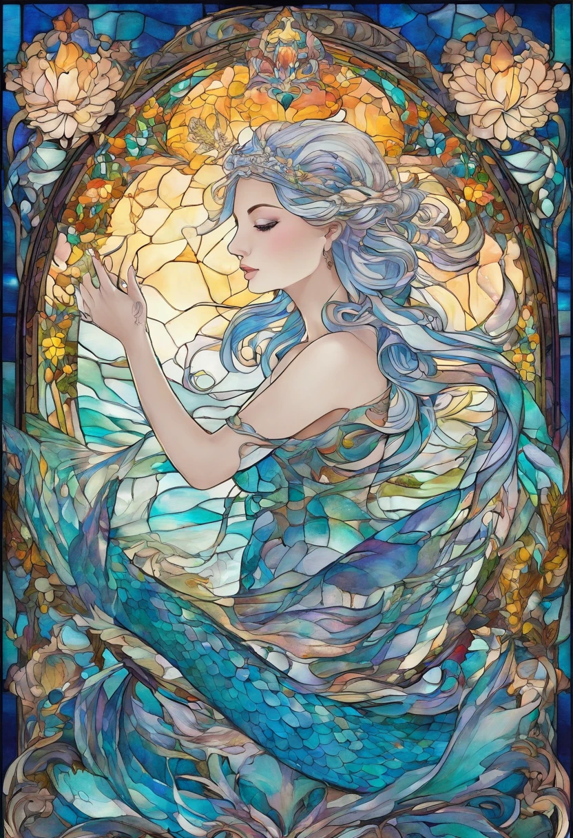 A painting of a woman with blue hair and a blue dress - SeaArt AI
