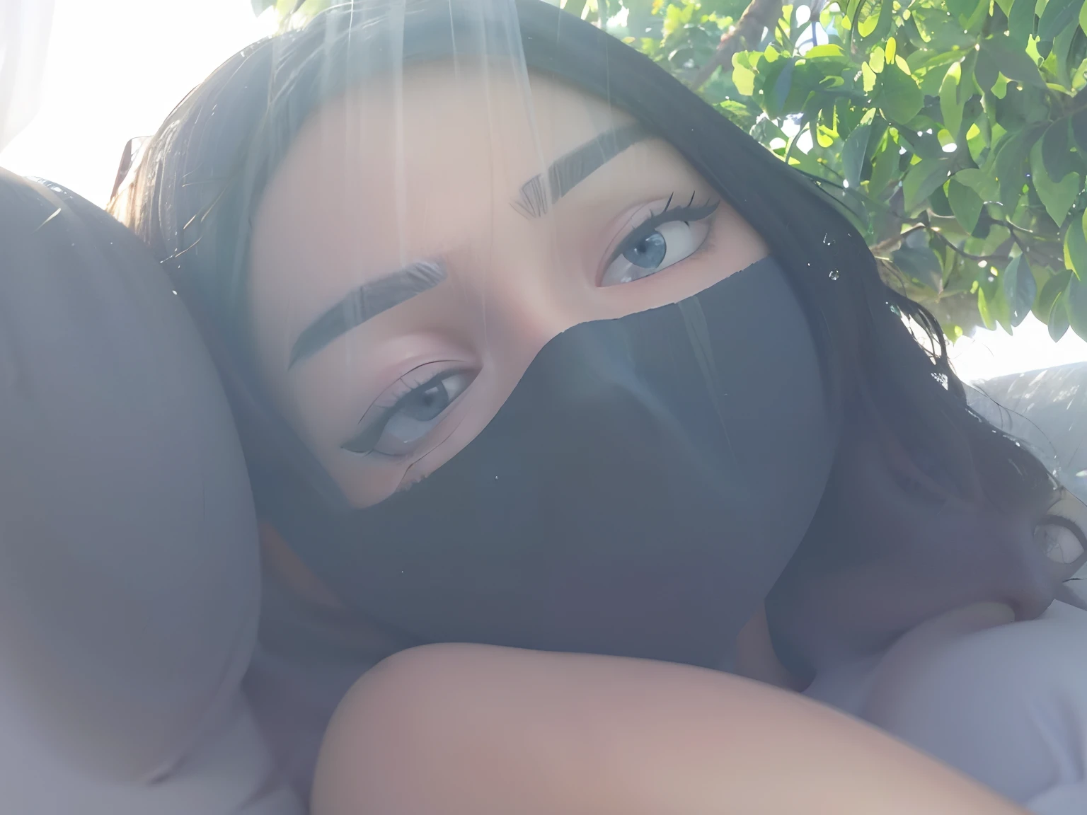 There's a woman with a black mask covering her face, viseira escura cobrindo a parte superior do rosto, capuz e sombras cobrindo o rosto, rosto coberto, com o rosto coberto, face parcialmente obscurecida, viseira escura cobrindo o rosto, rosto coberto, close up tiro de meio corpo, looking-into-camera, looking-into-camera, viseira escura cobrindo os olhos, rosto obscurecido