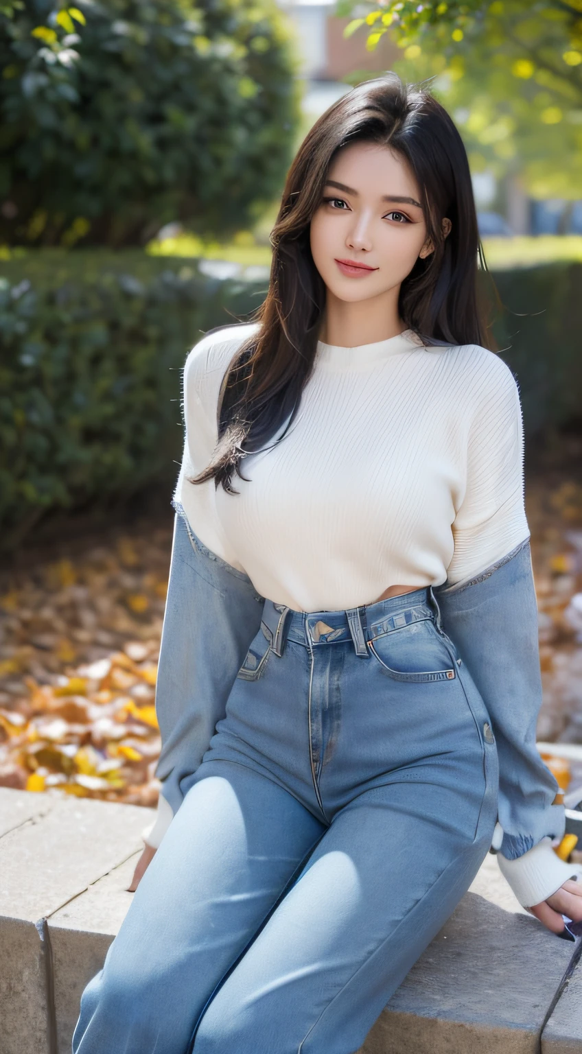 (best qualtiy,8K,tmasterpiece:1.3),(sharp fokus:1.2),ccurateblack hair,ssmile,(one-girl:1.2),(with a well-proportioned body:1.4),(Short sweater:1.4)(denim pant:1.2),outside,autumnal,rays of sunshine,Fine face,beautidful eyes,Straight legs