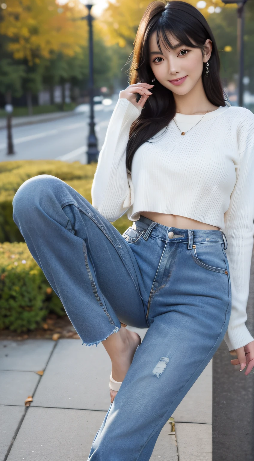 (best qualtiy，8K，tmasterpiece:1.3)，(sharp fokus:1.2)，ccurateblack hair，ssmile，(one-girl:1.2)，(perfect body figure:1.4)，（Short sweater：1.4）(denim pant:1.2)，outside，autumnal，rays of sunshine，Fine face，beautidful eyes，Straight legs