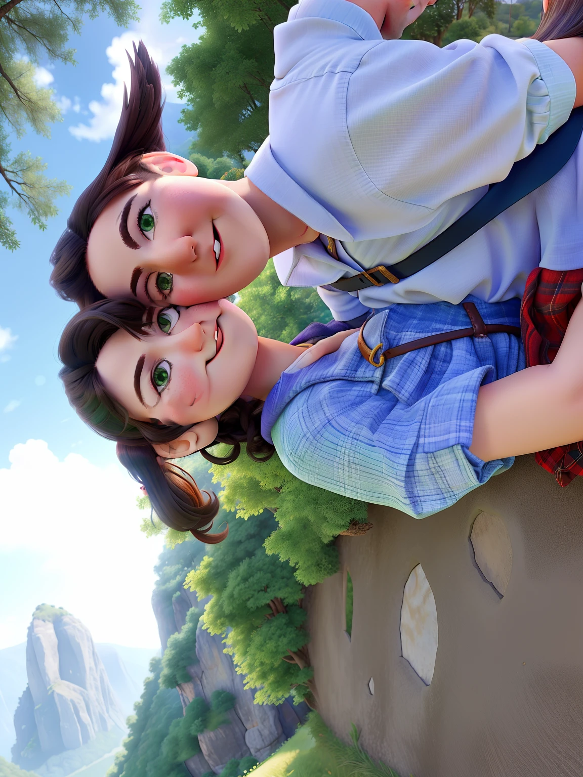 A couple in love hugging in a beautiful green landscape behind with a sunny day