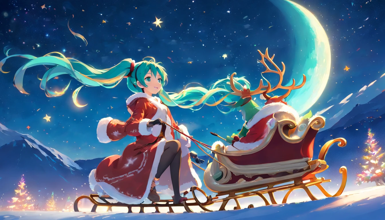 Hatsune Miku, wearing Santa's outfit, riding a sleigh, reindeer, floating in the sky, a round moon, starry sky, shooting star, Christmas.、Zoom to Hatsune Miku