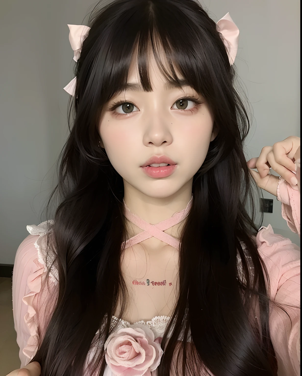 um close up de uma mulher com longos cabelos pretos usando um vestido rosa, Ulzzang, young adorable korean face, kawaii retrato realista, menina kawaii bonito, wan adorable korean face, menina coreana, bonito rosto de anime natural, com olhos bonitos, maquiagem sul-coreana popular, linda mulher coreana jovem, young cute wan asian face, maquiagem coreana popular