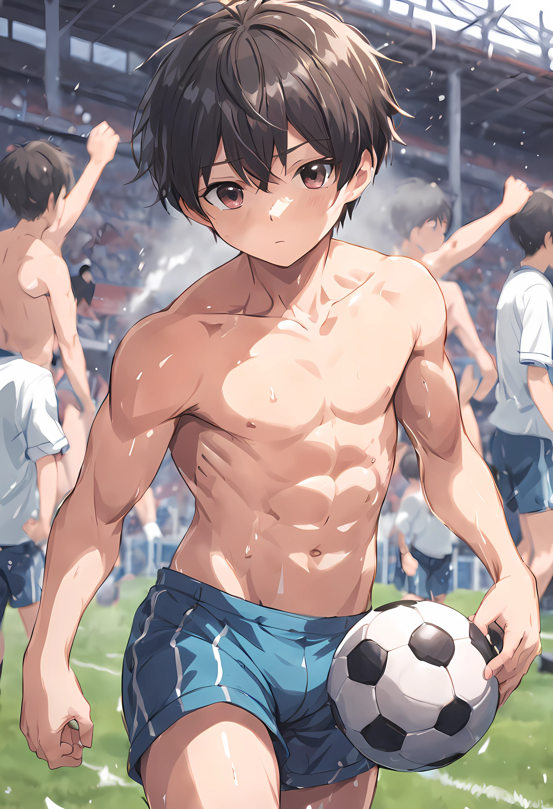 sweaty , heavy sweat , young boy ,  boy , japanese anime , show abs , bicep , steam , short hair , innocent , wet , muscle , well build , exercise , cute , lewd , playing soccer, boner , hot , shota , shotacon , underage , boy , infancy , ecchi , hentai , no shirt , underwear , male