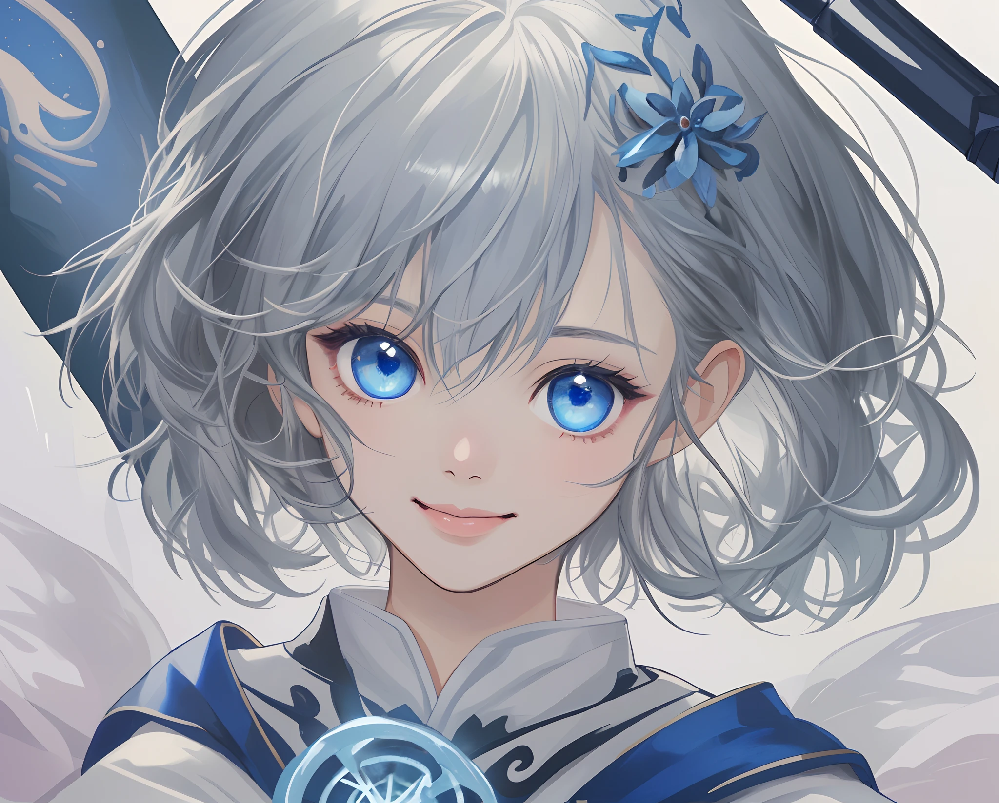 masterpiece、top-quality、超A high resolution、2D Beautiful Girl、animesque、teens girl、greyt hair、short-haired、Suzuran's hair ornament、Beautiful blue eyes、The clothes are also depicted in detail、Eyes are depicted in detail、The face is depicted in detail、sorcerer、Holding a wand、soio、Gentle smile、hair adornments、animesque、illustratio