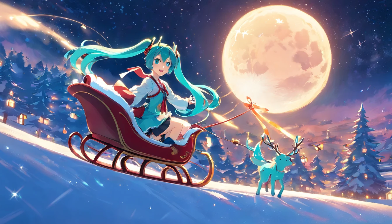Hatsune Miku, wearing Santa's outfit, riding a sleigh, reindeer, floating in the sky, a round moon, starry sky, shooting star, Christmas.、Zoom to Hatsune Miku