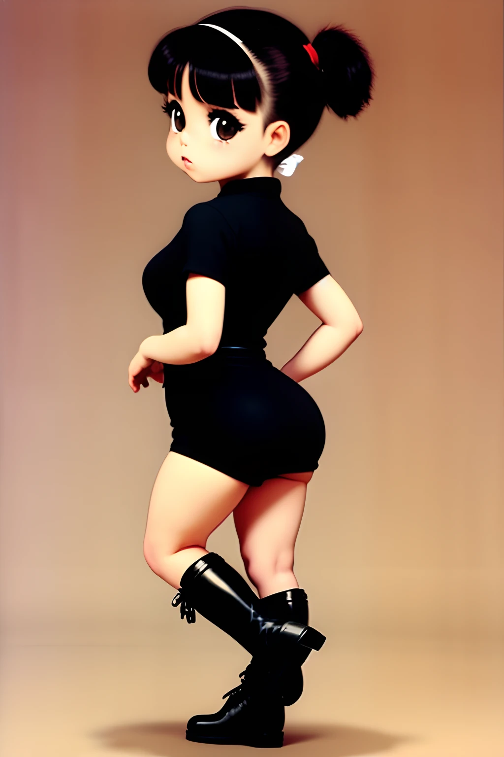 1 milf chibi girl plumpy, (ABS:0.1), FULL BODY_(from top of head to boots). stand still, OPEN STAND. look back.,shizuka_(Black short hair, low, double ponytail, brown pupils, round eyes, single eyelashes)