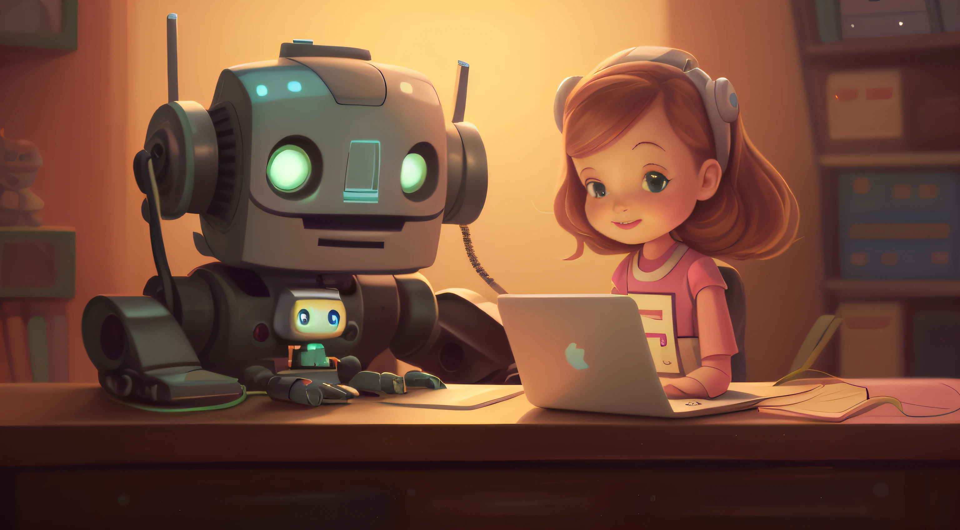 Cartoon of girl sitting at desk with robot and laptop, Girl Meets Robot, Robot Girl, Women and robots, Adorable Digital Painting, adorable friendly robot, loish van baarle, Cute robot, cute humanoid robot, loish and goro fujita, digital 2D illustration, cute detailed digital art, Robot Portrait, 2D Illustration