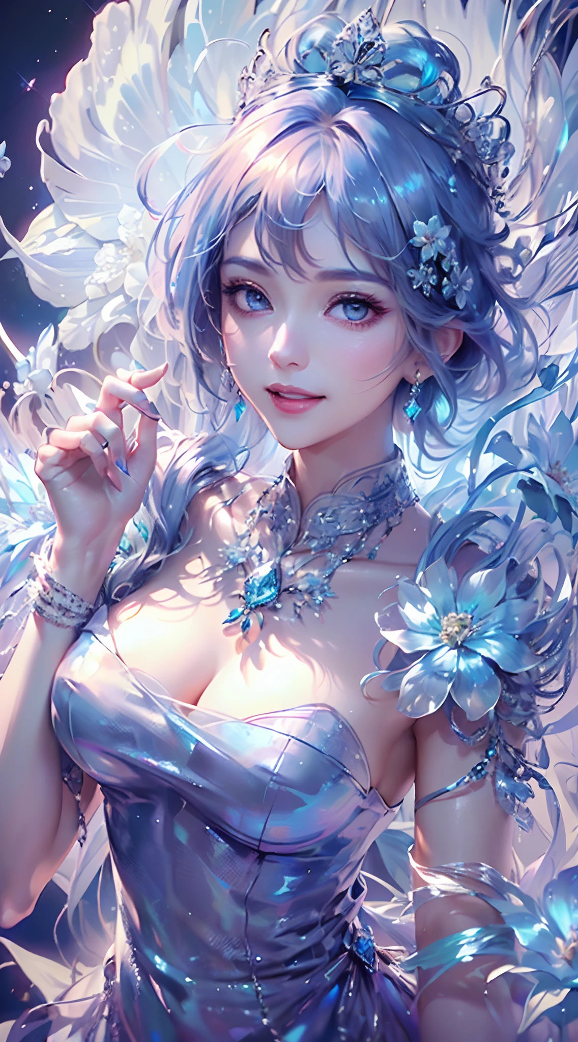 tmasterpiece,Highest high resolution,((((Bow your head and smile)))),Dynamic avatar of a beautiful aristocratic girl,Blue hair is gracefully curled,(((Wearing a crown of huge flowers、Bucket Hat,jewely,Diamond necklace))),Purple clear eyes,(((Hair is covered with beautiful and delicate floral craftsmanship, Crystal Jewelry Filigree))),Ultra-detailed details。