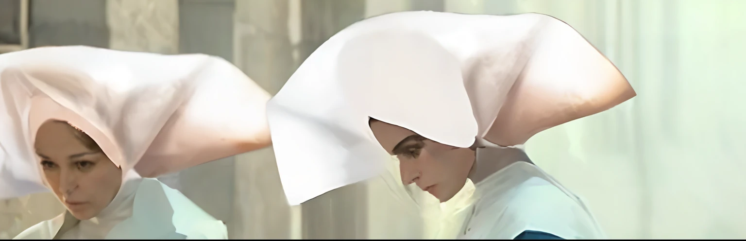 There are two women in nun dresses standing in a row, agora, two hovering twin nuns, Bem Modelo de Moda, fim ainda, Screenshot of cinematografie, cena do Filme close up,imagem realista,  Film, [ [ hiper-realista ] ],