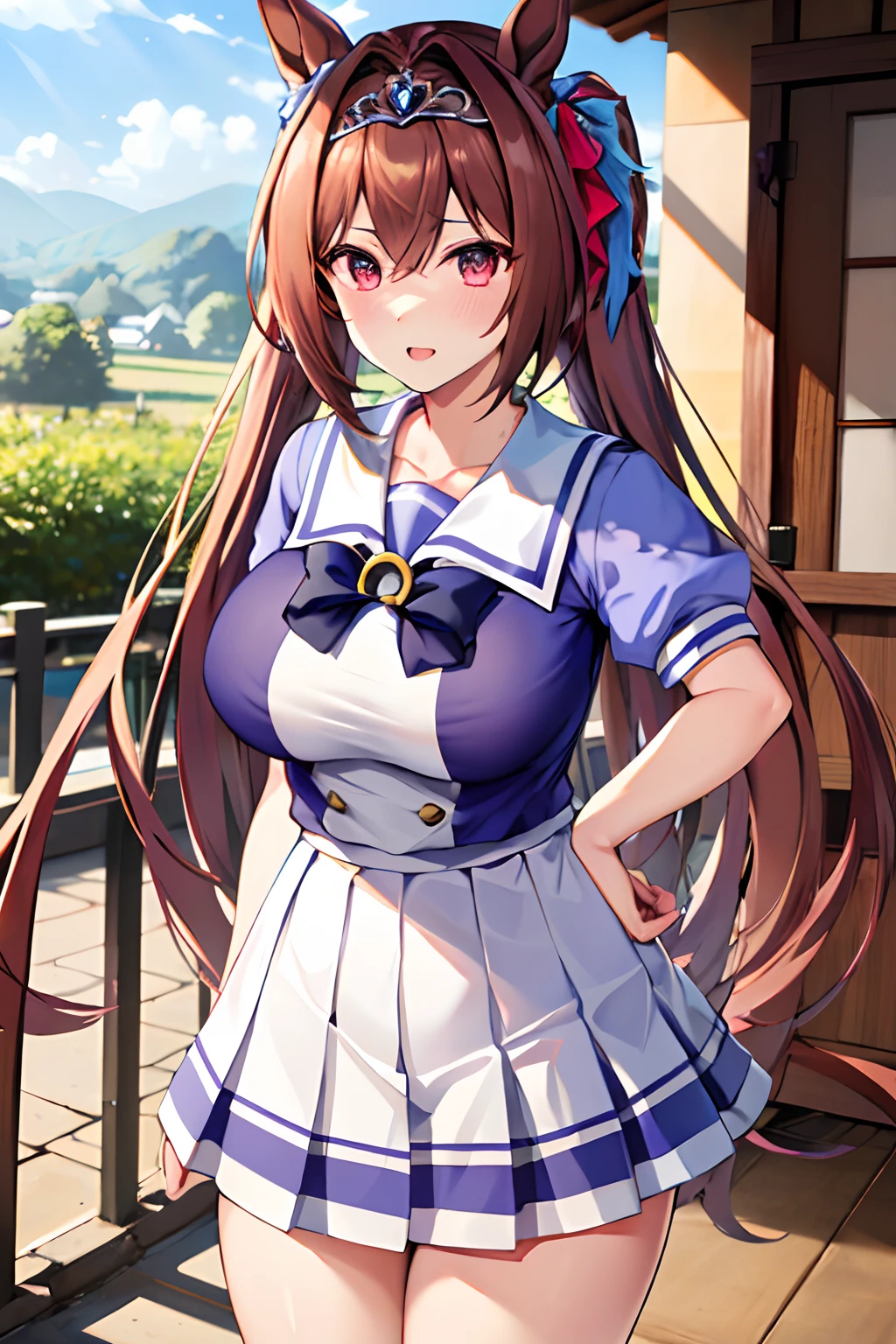 ((Colossal tits)),  Hi-Res, 1girl in, Marl, 独奏, Daiwa Scarlet(Umamusume), Trasen School Uniform, white thighhig, White skirt, Twin-tailed, sailor shirt, Puffy Short Sleeves, Very long hair, brown haired, Horseshoe ornament, Sailor collar, Purple shirt, Hair intake, a miniskirt, tiarra, tusk, Akame,, bangss,