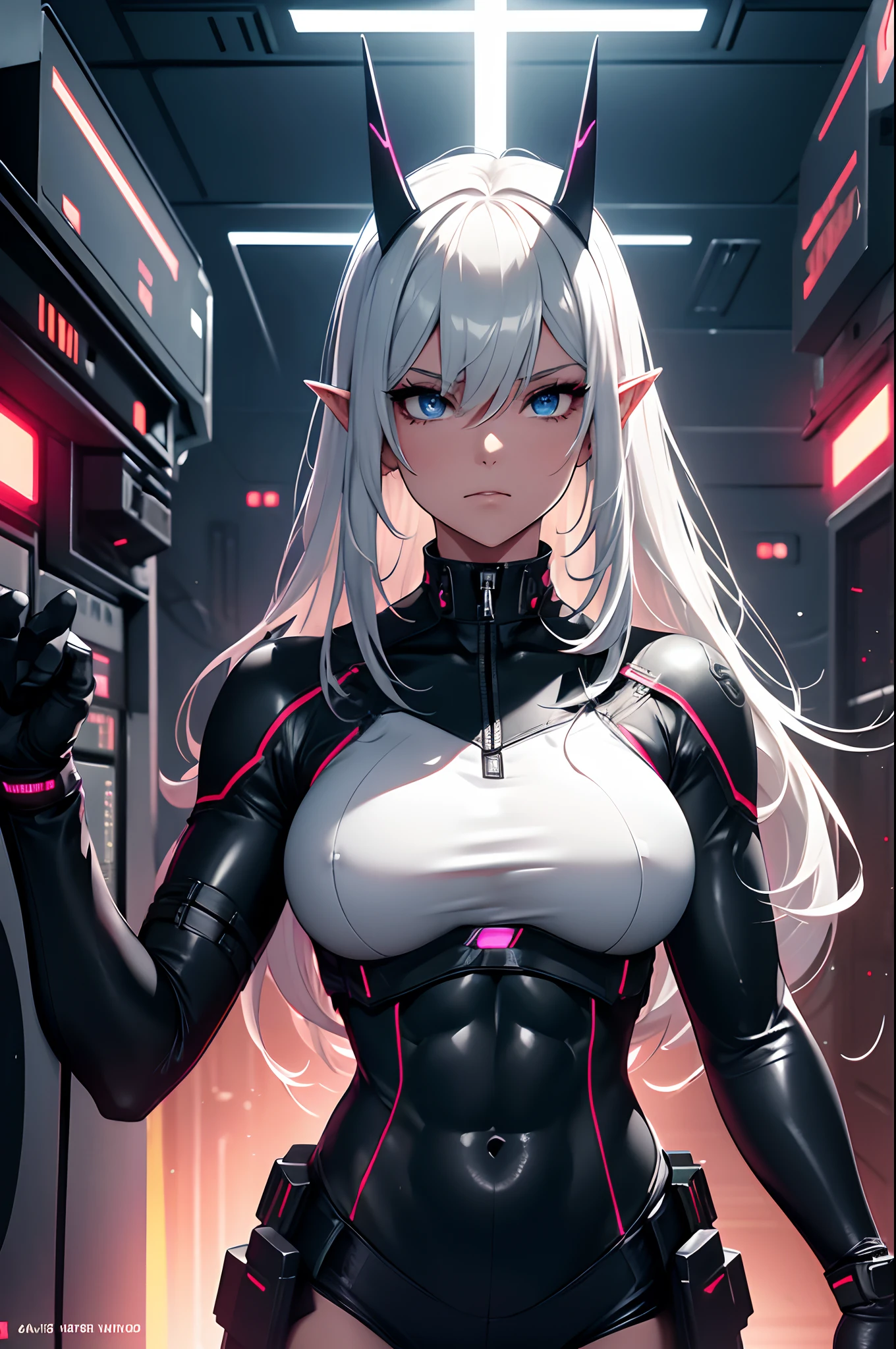 hdr, cyberpunk, futuristic, science fiction, 2k, 4k, 8k, masterpiece, highres, detailed glow, detailed reflections, 1girl, solo, slim, athletic, long hair, gradient white hair, purple pulpils, perfect hands, perfect legs, perfect eyes, {perfect detailed eyes}, {beautiful detailed face}, lower saturation, {thighhighs}, black military uniform, neon lights, carbon, {{mechanical wings (glowing, angel)}}, space ship background, {symmetry}, goddess, [backlighting], {mythical aura}, cinematic, symbolism, {dark aura}, red horns, elf ears, standing, killer intent, military, peaked cap, neon cap, hands, nipples, tight black bodysuit, spaceship, big breasts, thick thighs, (defined 8-pack abs:1.4), femdom, dominant, slim waist