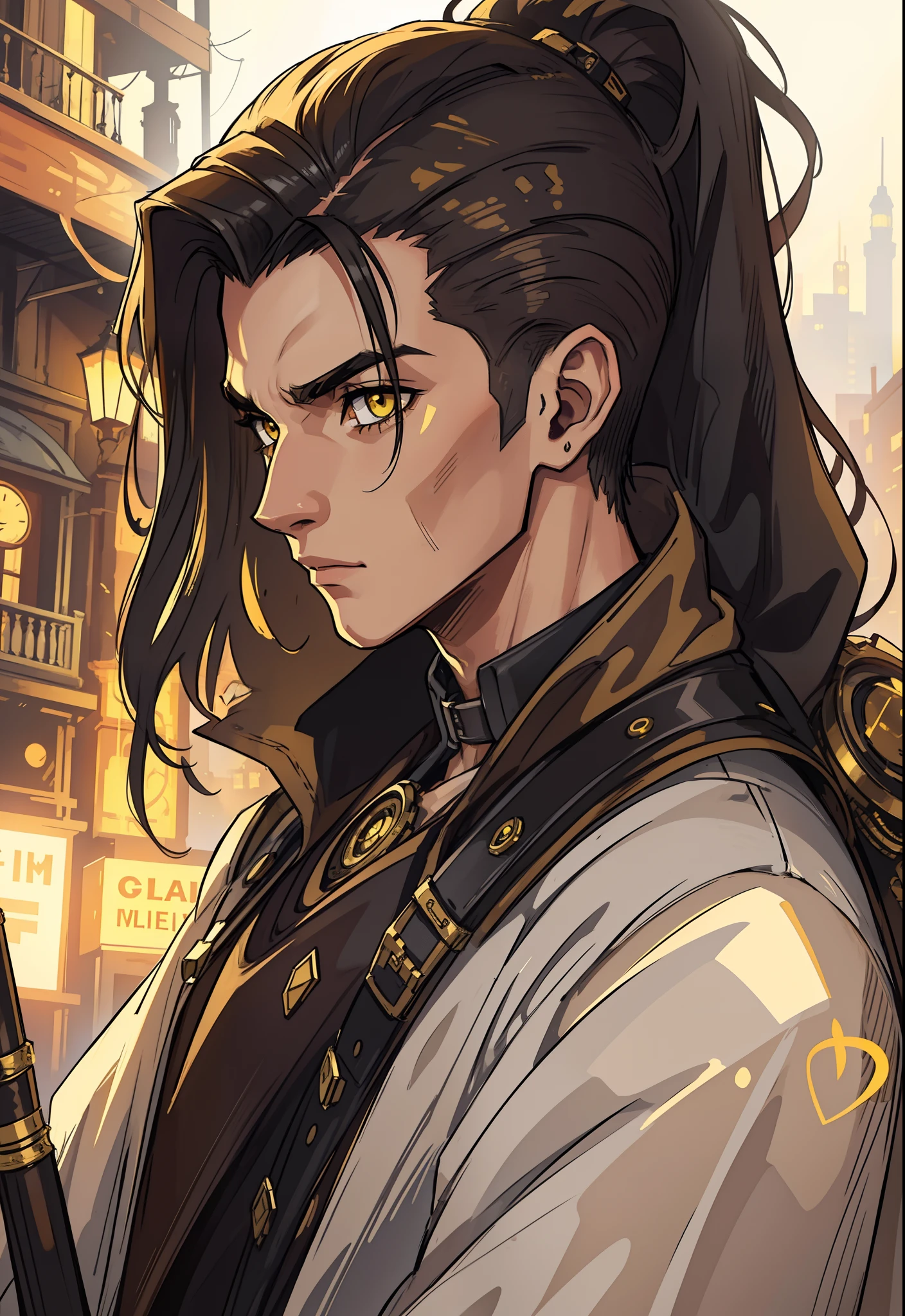 1 Handsome 26-year-old man shaved his hair on the side Exposed arms Steampunk Tattuagens Intense yellow eyes with a look of mystery An art for an RPG A non-human night background of the city ((Very detailed strokes)) ((melhor qualidade))
