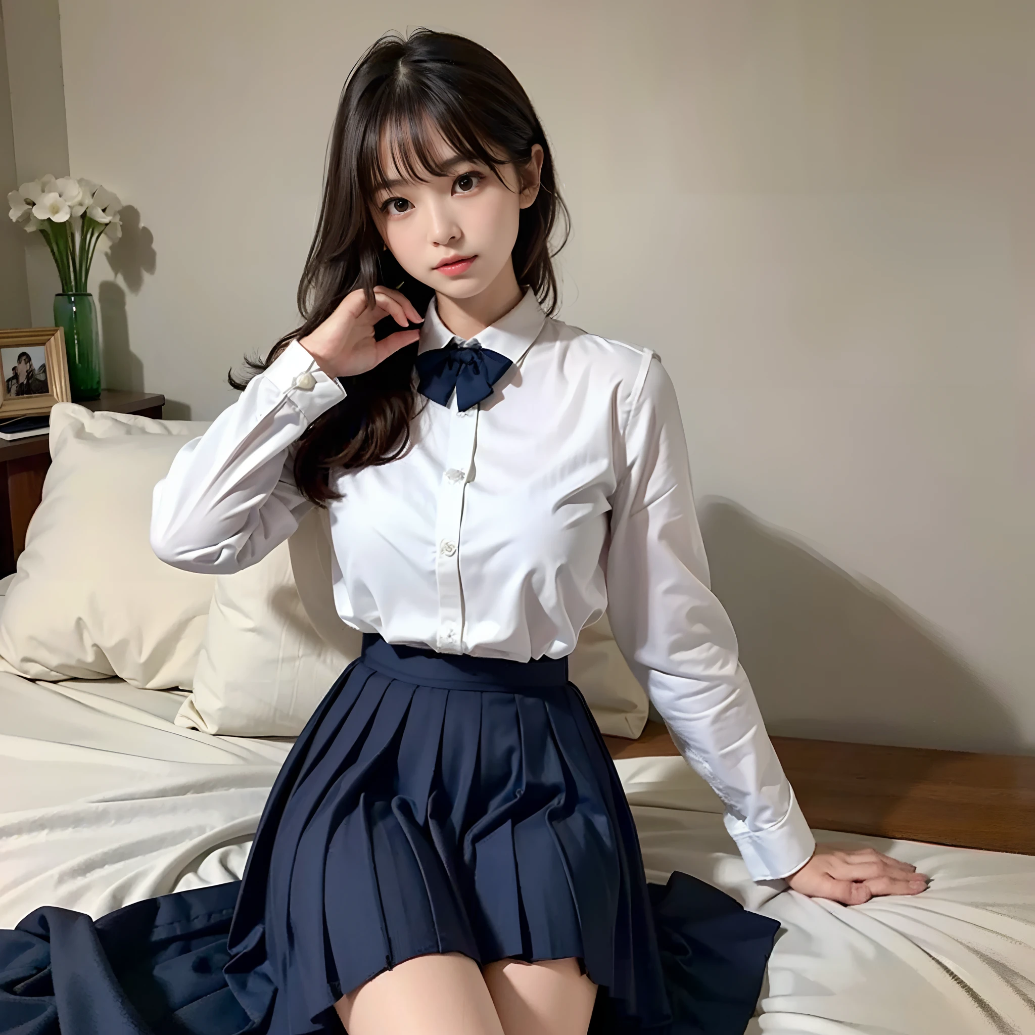 fine quality photography,Beautiful school girl,sitting on my bed