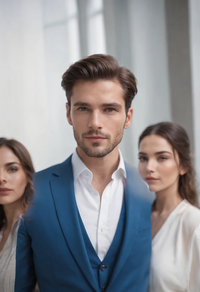 high quality photo of a handsome, elegant man looking at the camera, dressed in a blue suit, 3 women in the background, white background
