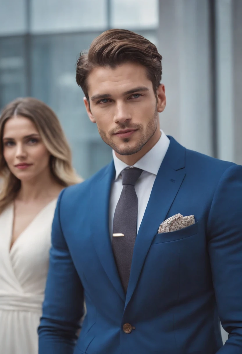 high quality photo of a handsome, elegant man looking at the camera, dressed in a blue suit, 3 women in the background, white background