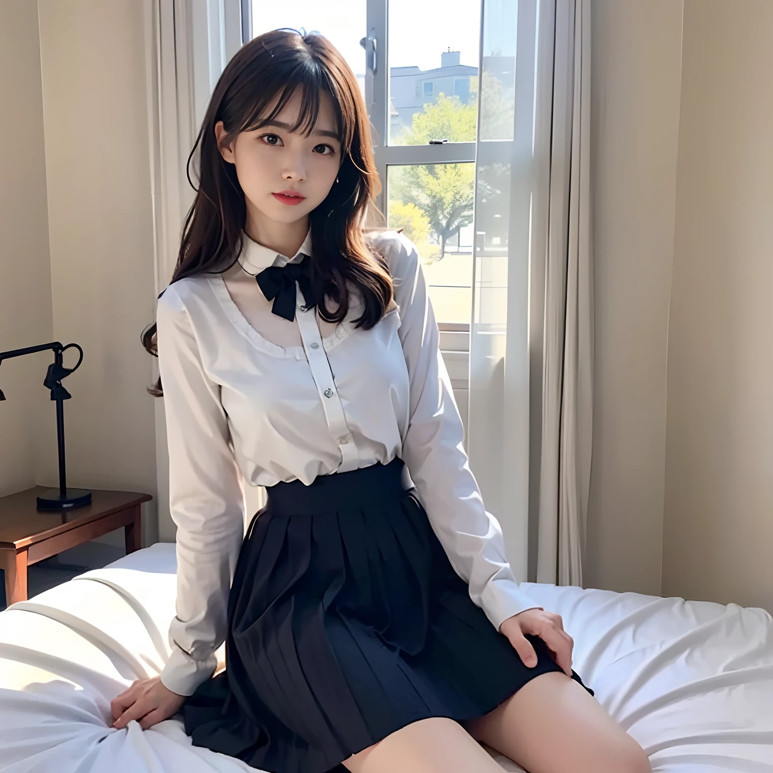 An ultra-high picture quality、Perfect Photo、22-year-old beautiful girl、Japan beautiful girl、Female college student、light skinned、slender、Light makeup、Beautuful Women、(Lying on his back on the bed)、Nokezoru、With bangs、((Anxious expression))、Skinny Legs、(((Black pleated mini skirt)))、Raised mini skirt、((Shirt blouse))、Light makeup、(hate)、(Painful)、（closed eye）、((Stand on both knees))、(Open knees)、(((The base of the foot is completely visible)))、(raise her legs)、(resist)、(激しくresist)、sports hair、medium-Long hair、(Teary-eyed)、girl's own room、thighs thighs thighs thighs、(((I can see panties.)))、（I can see a little bit of underwear）、kne、ankle、anus、