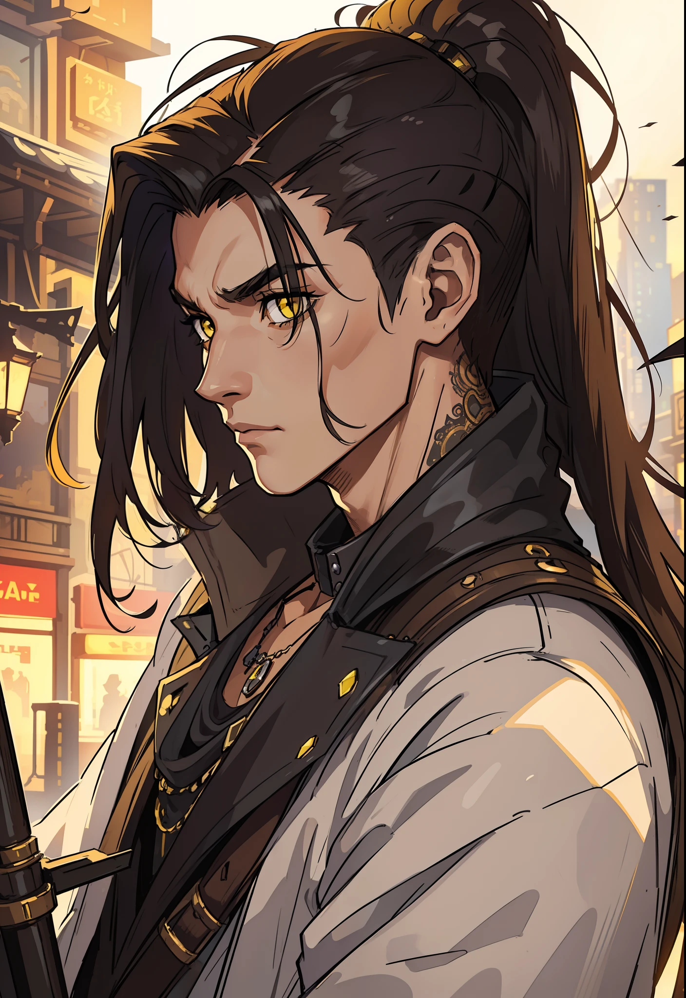 1 Handsome 26-year-old man shaved his hair on the side Exposed arms Steampunk Tattuagens Intense yellow eyes with a look of mystery An art for an RPG A non-human night background of the city ((Very detailed strokes)) ((melhor qualidade))