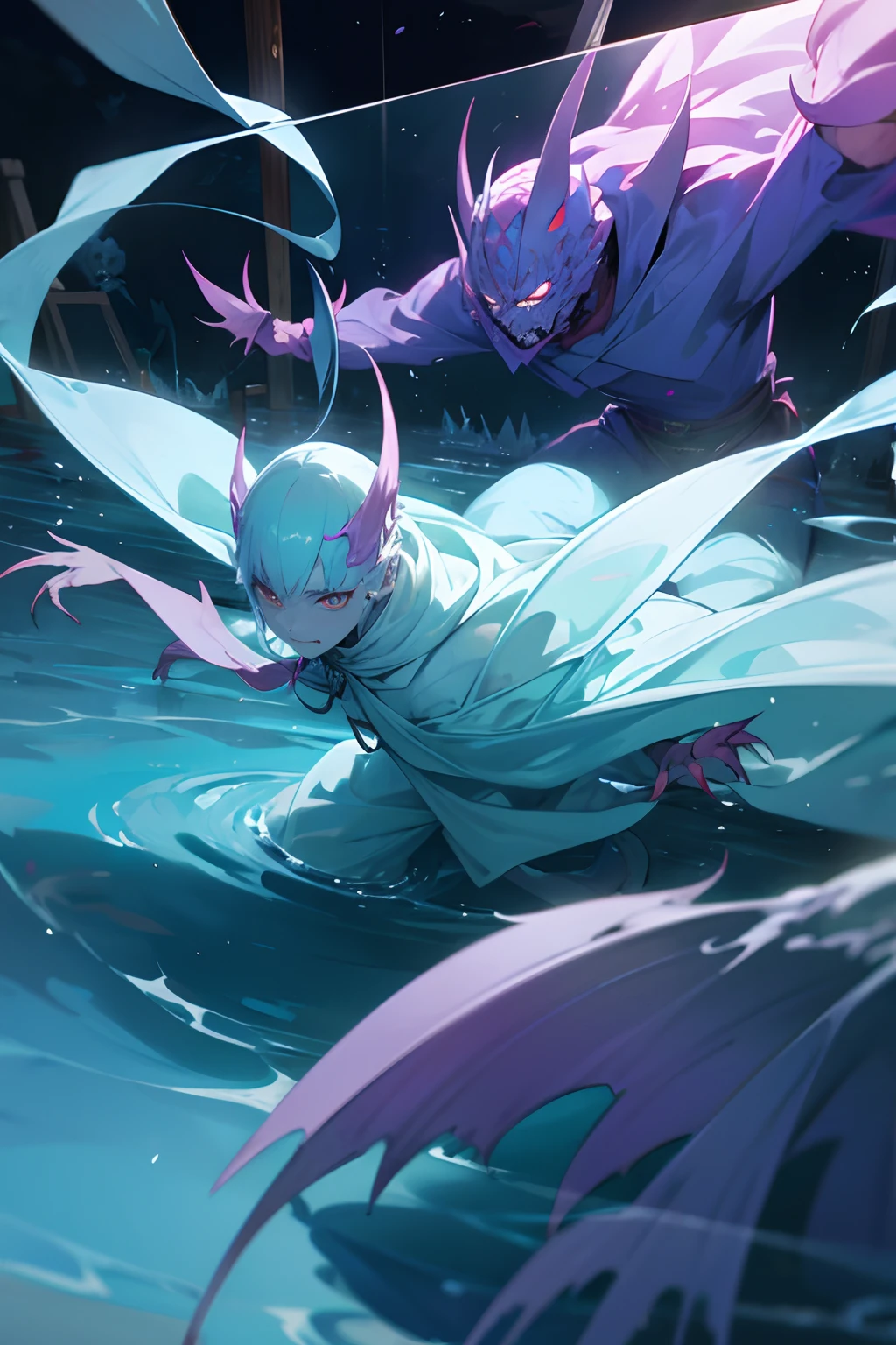 evil spirits trying to escape to the real worls, they are trapped behin a mistyc magic barrier, the barrier is like translucent water, they are behind the barrier, lookin to the camera, with their claws and teeht toward us