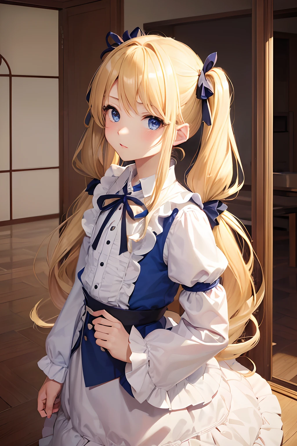 (masutepiece, absurderes, hight resolution, ultra-detailliert), 1man, Wavy blonde hair, Adult, Blue eyes,Handsome face, dressed casually, Charming, lovely, Eyes and faces with detailed,,(((Petite girl with blonde twin tails))),