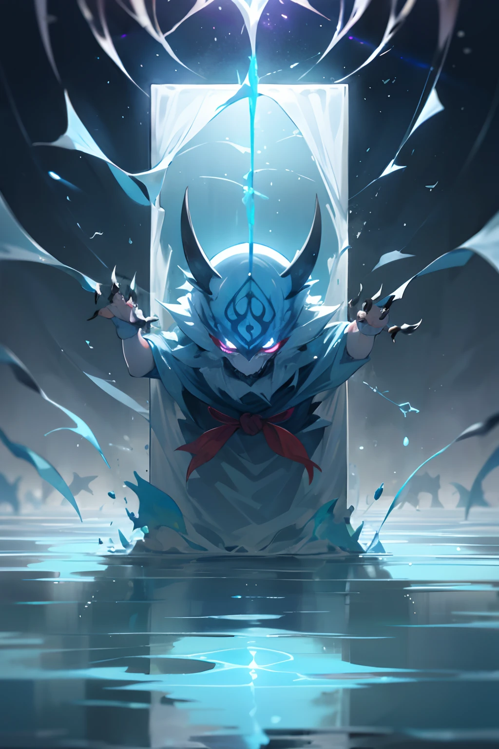 evil spirits trying to escape to the real worls, they are trapped behin a mistyc magic barrier, the barrier is like translucent water, they are behind the barrier, lookin to the camera, with their claws and teeht toward us