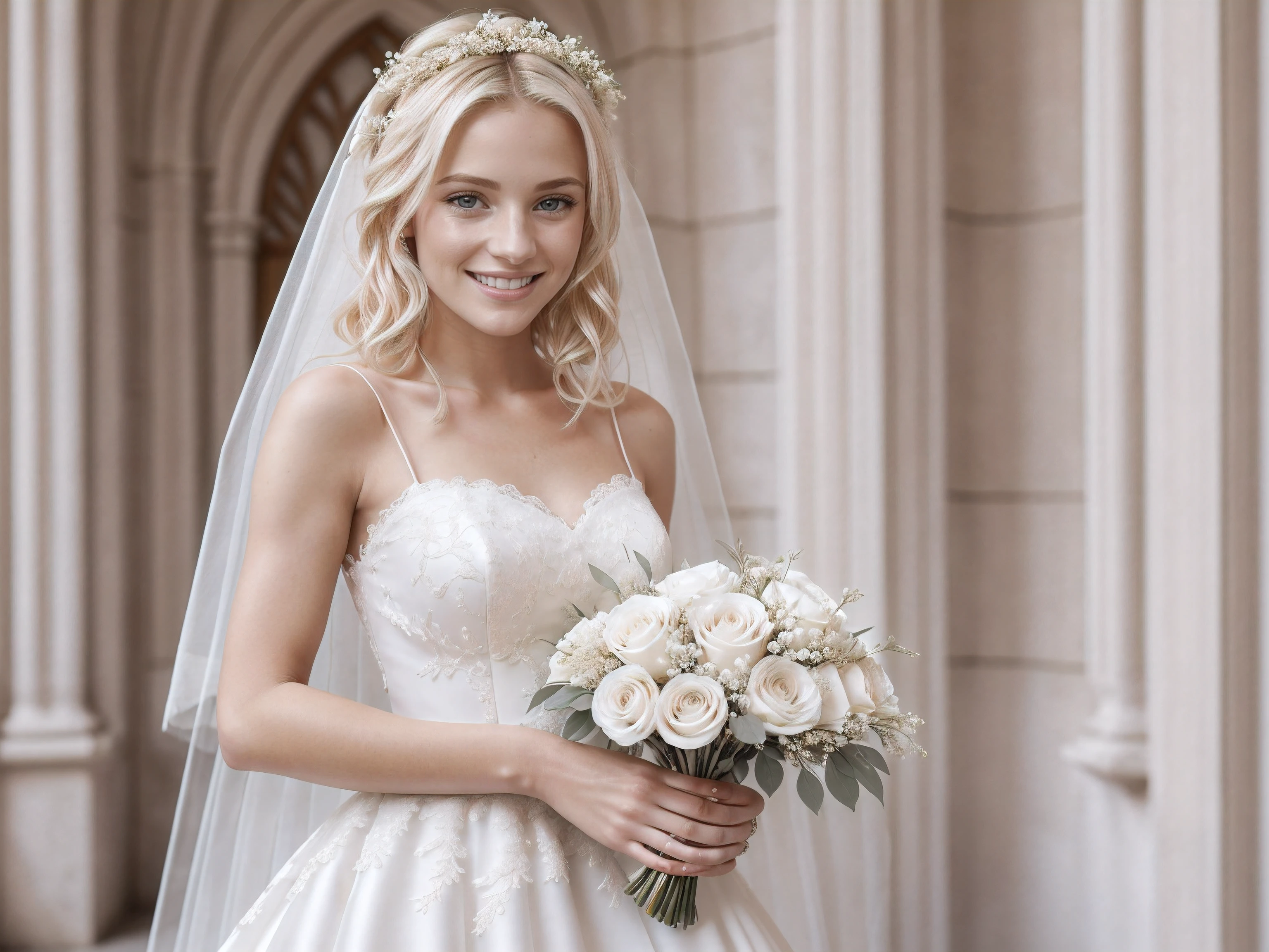 (close-up editorial photo of 25 yo woman, blonde hair, slim French sweetheart), wearing a wedding dress, holding flowers, looking really happy, Blurred background outside a church, high quality, good lighting, f1.2, Canon 85mm, perfect, detailed dress, white wedding dress, detailed sticking.