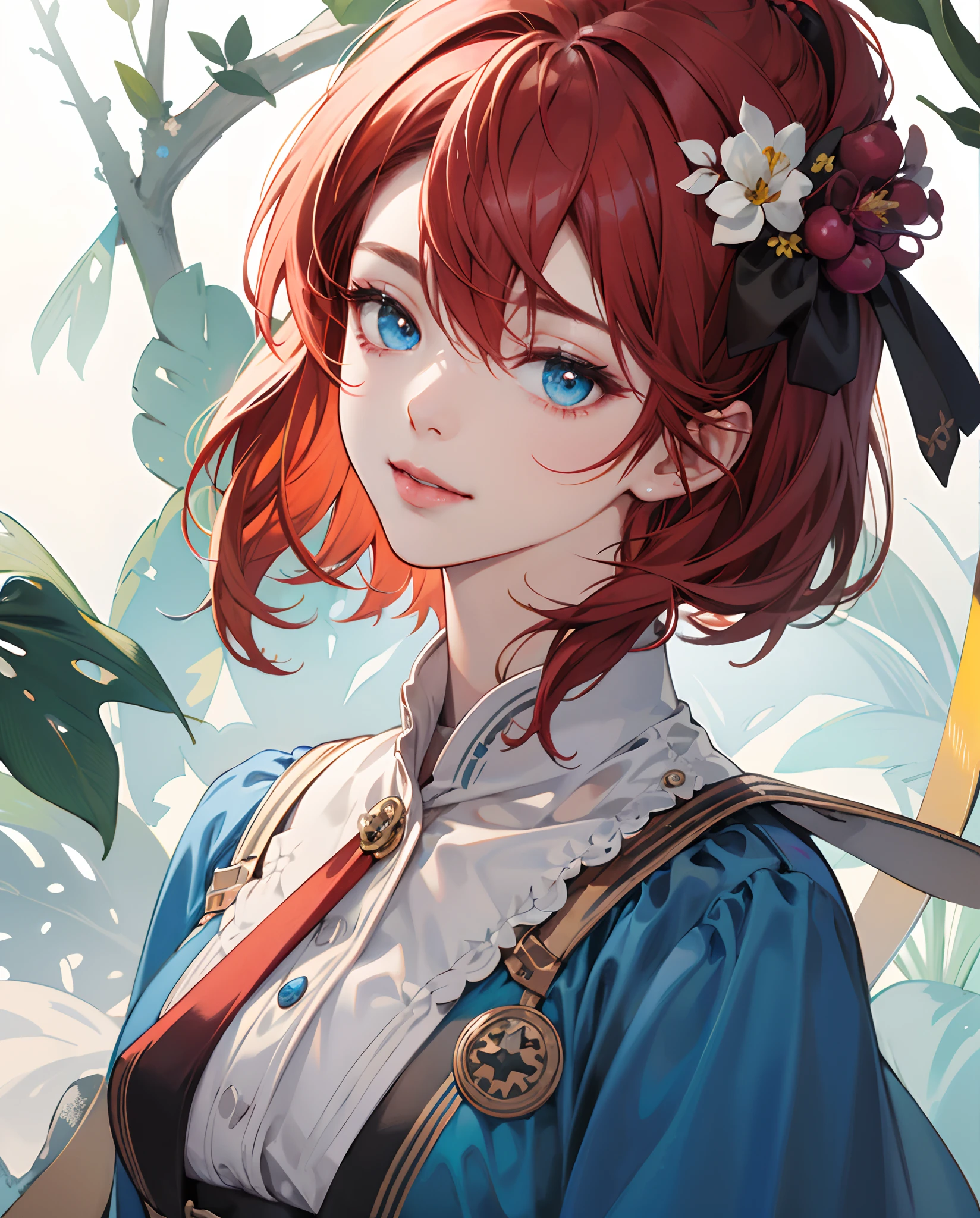 masterpiece、top-quality、超A high resolution、2D Beautiful Girl、animesque、teens girl、Red hair、short-haired、Plum hair ornament、Beautiful blue eyes、The clothes are also depicted in detail、Eyes are depicted in detail、The face is depicted in detail、sorcerer、soio、Gentle smile、hair adornments、animesque、illustratio