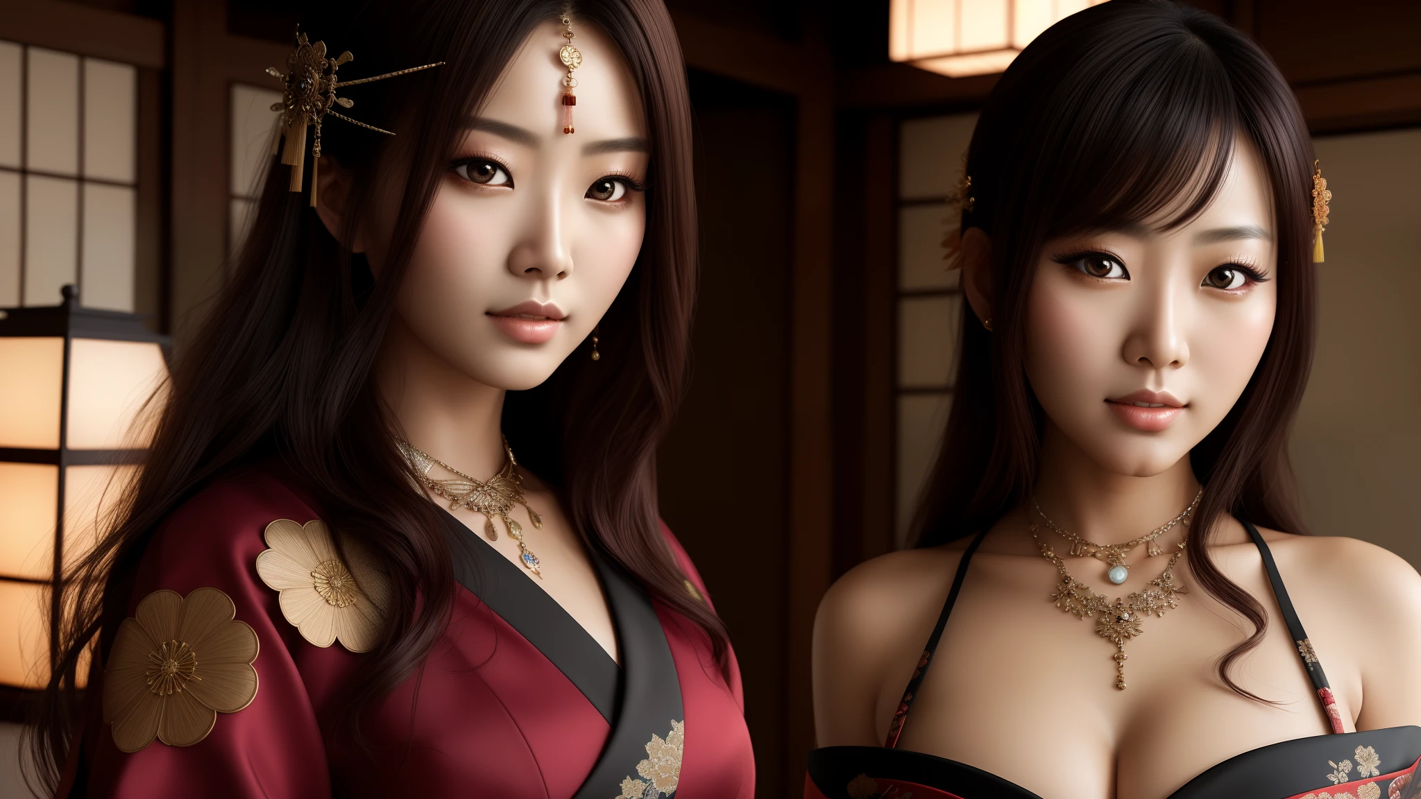 Best quality, 4k hd, realistic portrait, a woman posing for a photo, single girl, only one girl in picture, only show upper half of girl, beautiful japanese girl, Japanese Clothing, beauty fantasy, sexy busty dress, asian super detailed, seductive, Samurai statue, fantasy art, exhibitionism, slit, sexy outfit