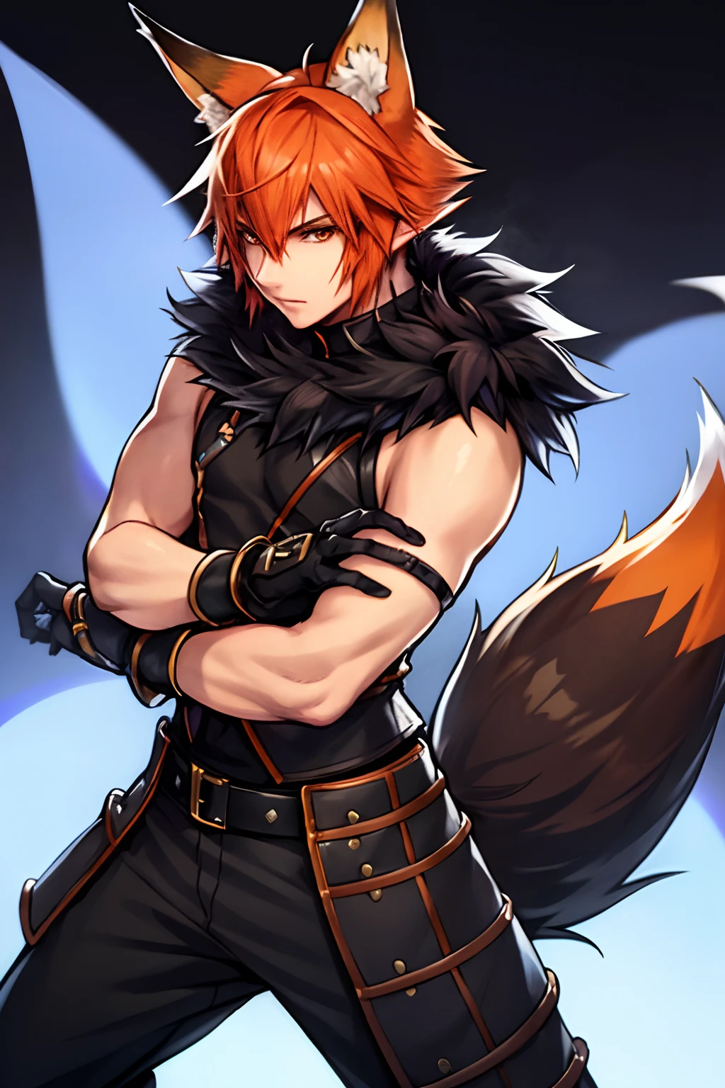 masterpiece, best quality, expressive eyes, perfect face, male, fox boy, full body, red eyes, red fox tail, 1 tail, red fox ears, red hair, muscular body, regatta, standing, white background