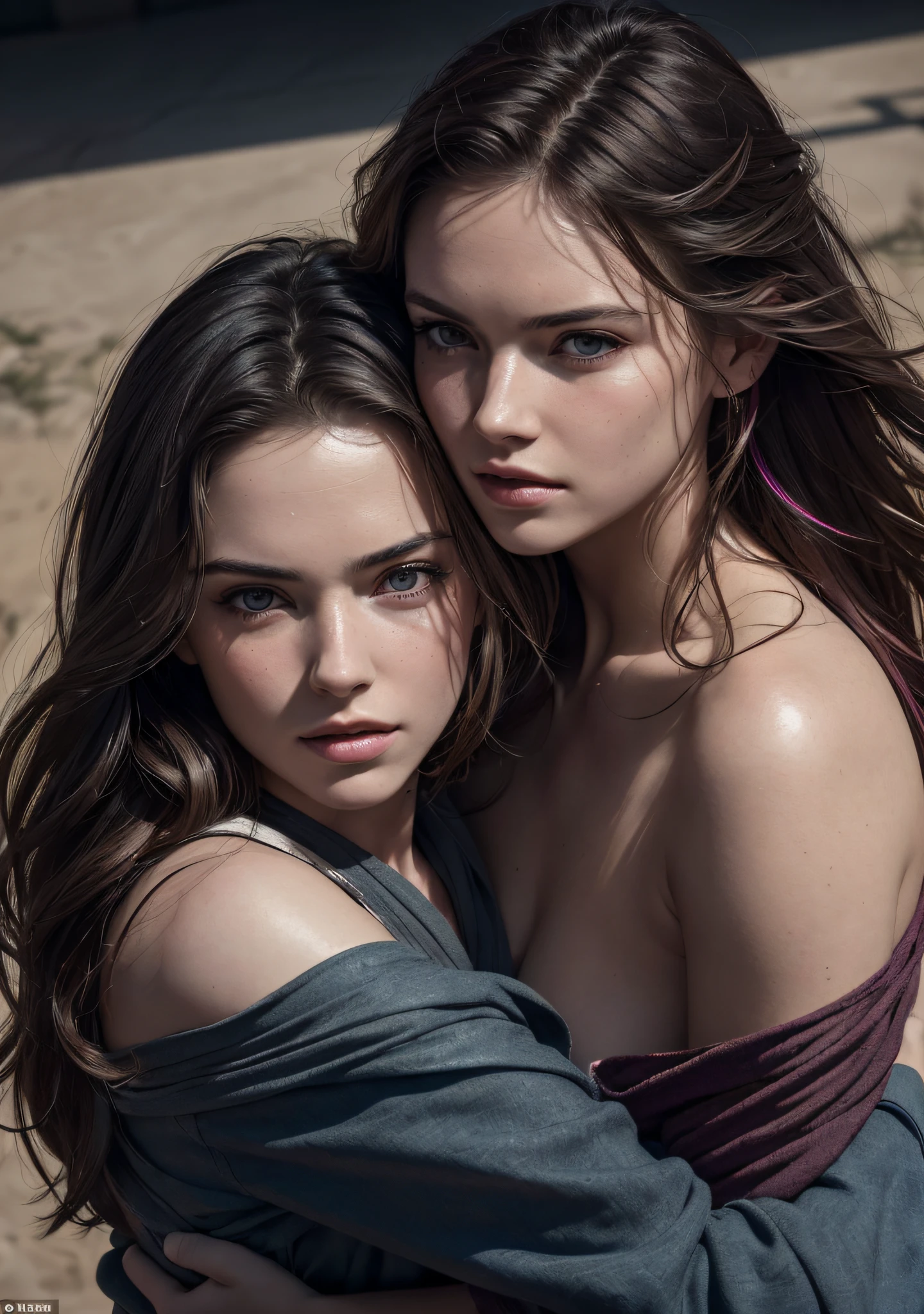 analog style, model shoot style, RAW photo of 2 girls, daisy ridley, hugging, two cute women, 21 years old, ((beautiful face:1.7, perfect face:1.3)), (from above:1.2), colorful photo:1.5, long hair, multicolored hair:1.7, best quality, epic (by lee jeffries photo, sony a7, 50 mm, pores:1.5, colors, hyperdetailed:1.5, film grain:1.4, hyperrealistic: 1.5), octane render, hyper-realistic lifelike texture, masterpiece, unreal engine 5, breast pressing against breast, extremely detailed CG unity 8k wallpaper, realistic eyes, Madly detailed photo, (ecstasy of light and shadow, deep shadow), (Winner of the Pulitzer Prize for Photography and Taylor Wessing Photographic Prize), female jedi masters