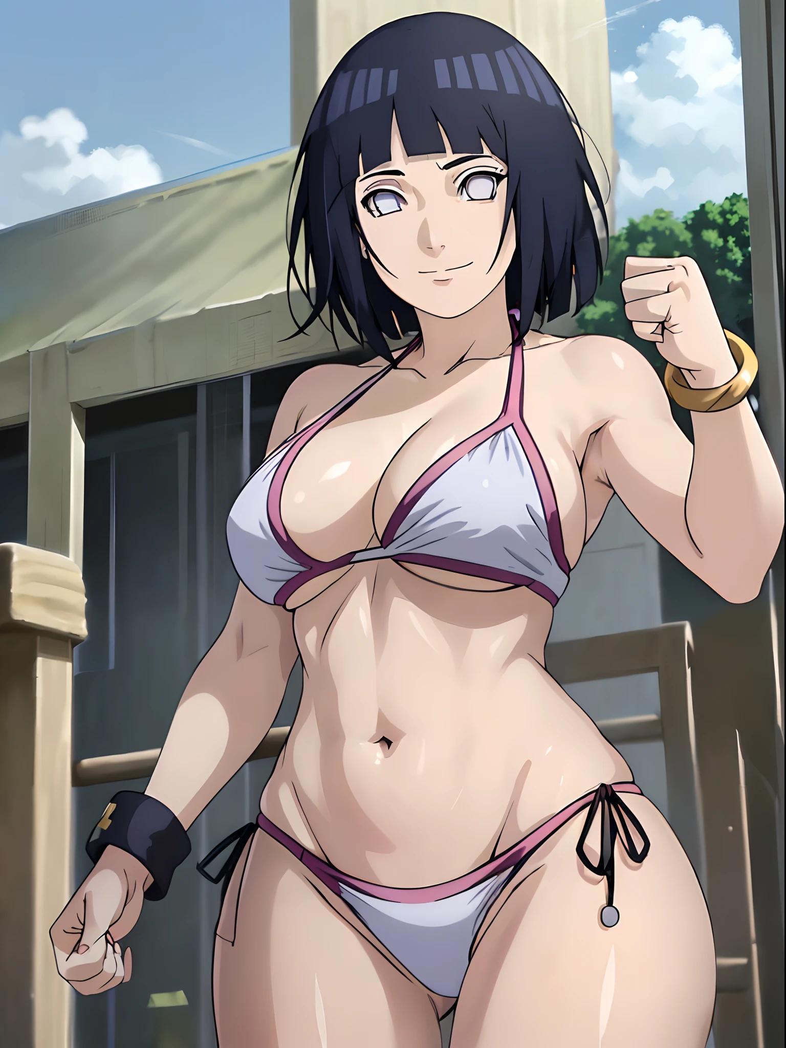 wind effect, (thick arms, flexing arm muscles), cloud background, anime style, cute , beautiful mother, nice body, soft body, long belly, (hinata\(boruto\), (female wrestler), (slender body), mature woman , broad shoulders, off-shoulders, (transparent bikini, white bikini only,  pro wrestling outfit, bangles), smile, closed mouth, pale skin, cute, smile, (dark blue hair color:1.1), wavy hair, floating hair, ((short hair, hime cut, loose hair), big breasts, (only one arm stretching), long belly, (closed fists), , (perfect eyes, white sciera, bright eyes, white eyes, anime eyes)