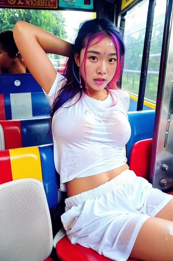 cum in hair, white skin, asian facial features, asian, 20 years old, shiny skin, oiled up, dripping water, wet, covered in liquid, sweaty, sweat beads, public transportation, school bus, 1girl in bus, cum, happy, sexy, various poses, perfect body, amateur film, , covered in cum, , cum on breasts, cum in hair, cum on body, multicolored hair, colorful hair, rainbow hair, extremely hot girl, model, vibrant colors, bright lighting in room, hd, realistic, 4k, perfect body