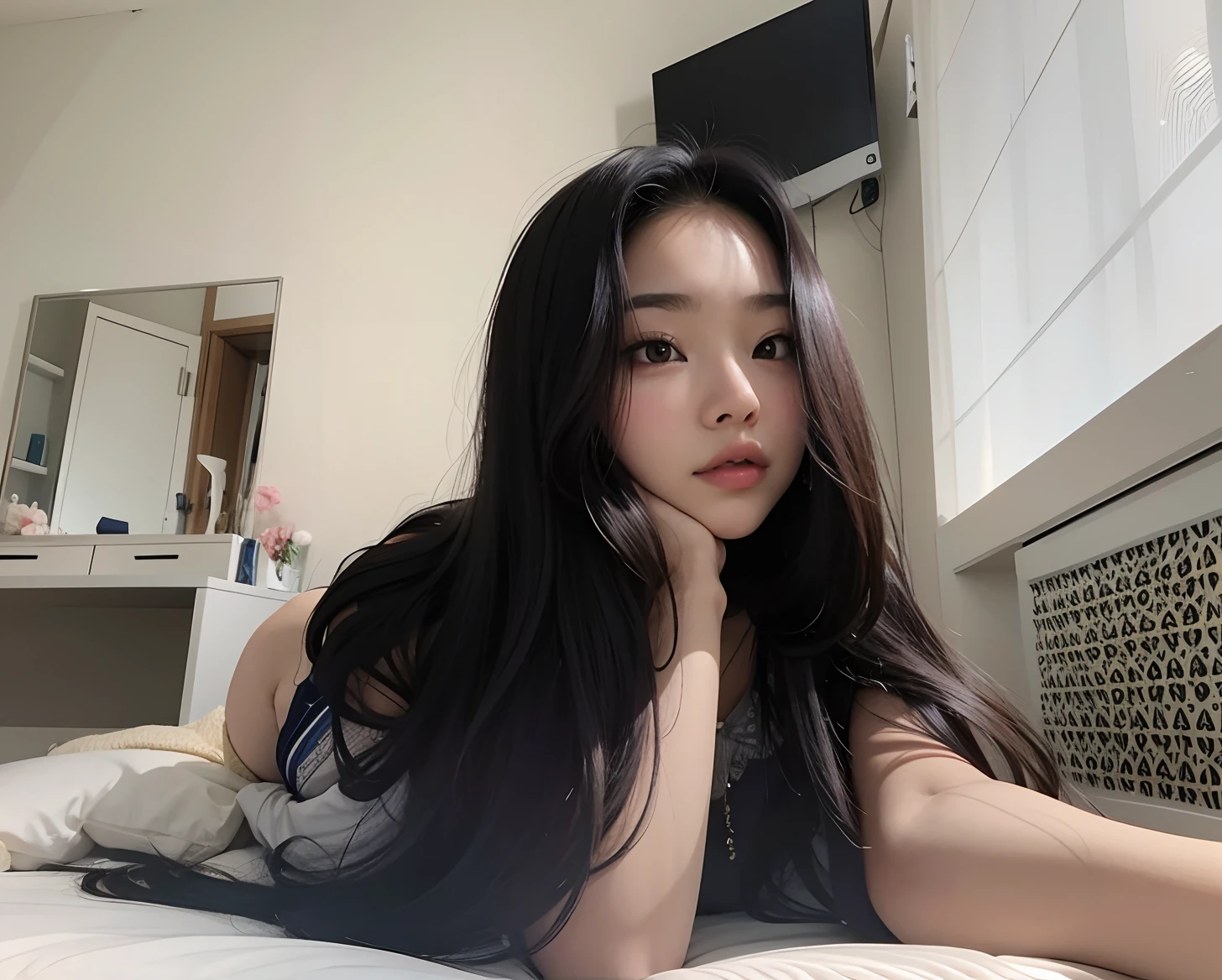 There's a woman lying on a bed with her hand on her chin, coreana, Ulzzang, Mulher sul-coreana bonita, Asian girl with long hair, linda mulher coreana jovem, mulher coreana jovem bonita, com cabelos longos, Beautiful Asian girl, young adorable korean face, Jaeyeon Nam, 19-year-old girl, young asian girl